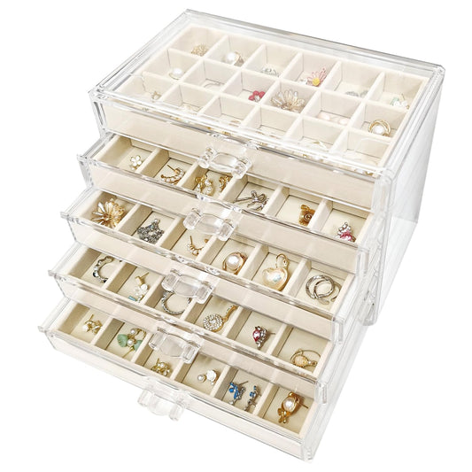 HOUKANWE Acrylic Earring Holder Organizer with 5 Drawers Clear Earring Organizer Box with 90 Adjustable Grids Velvet Earring Display Case Jewelry Organizer for Earrings Rings Studs (Beige)