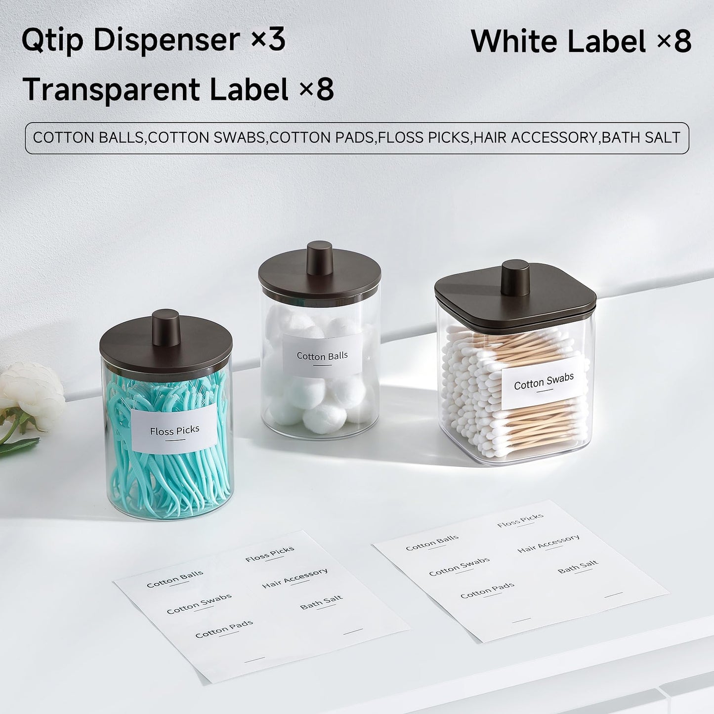 3 Pack Glass Qtip Holder Dispenser- 10 oz Clear Canister Apothecary Jar, Bathroom Vanity Storage Organizer Set for Cotton Swabs, Pads, Floss Picks, Small Containers for Makeup Storage (Brown)