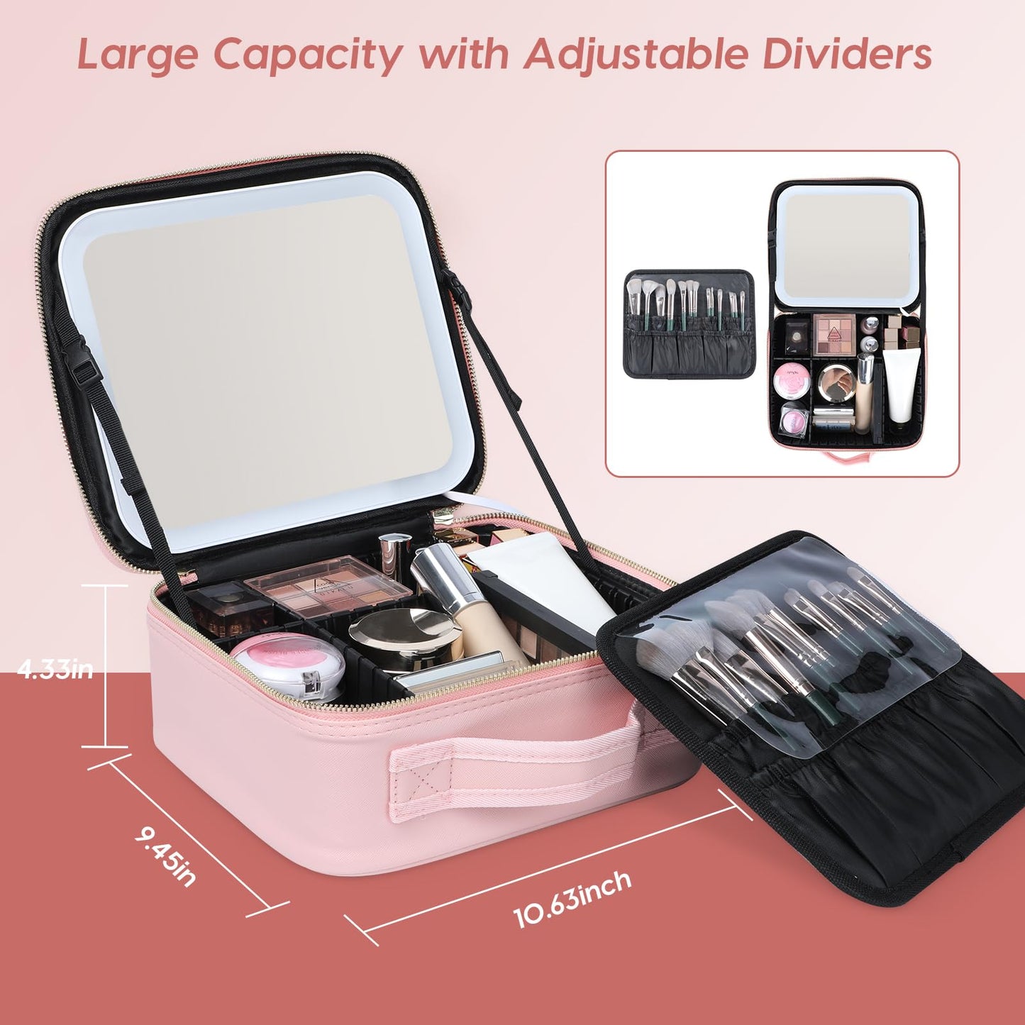 Gdsshuhung Makeup Bag with Mirror and Light, Cosmetic Travel Case with Mirror, Large Makeup Organizer with Mirror, Portable Makeup Case with Mirror for Women (Pink)