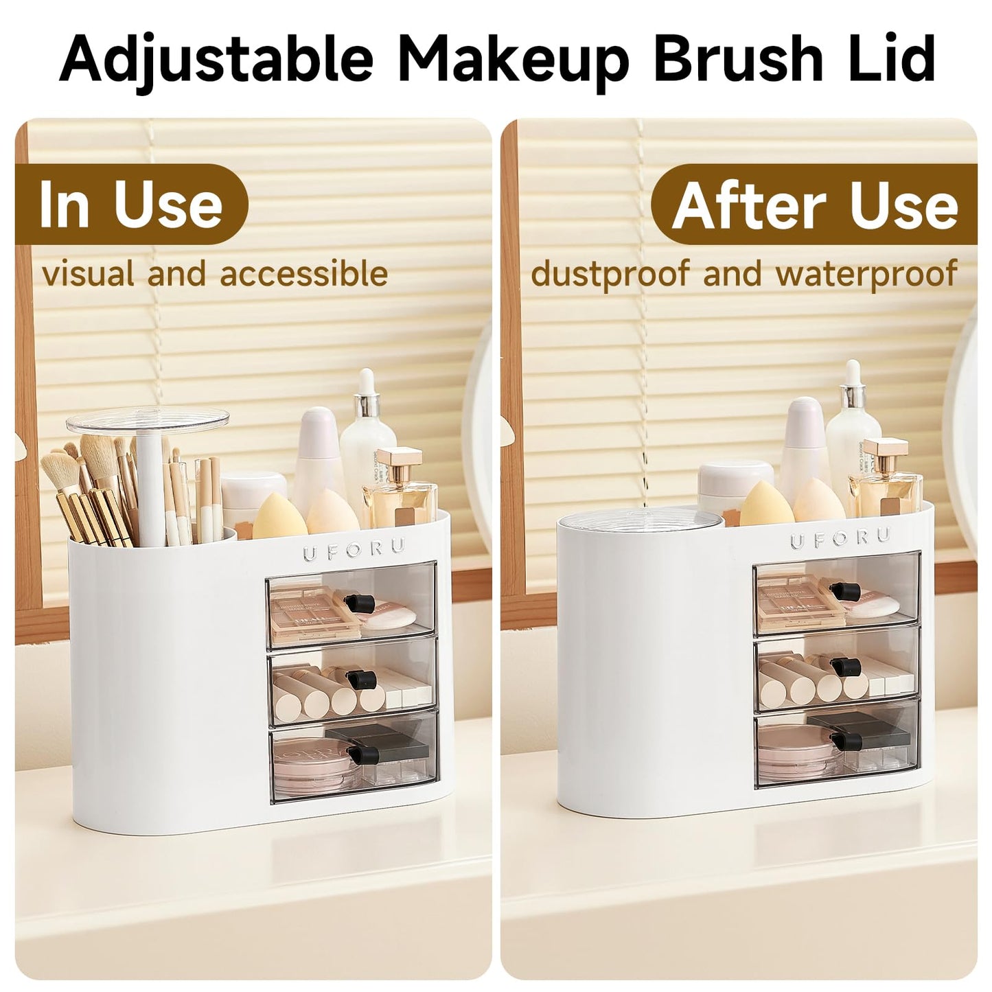 UFORU Makeup Organizer with Pop-Up Brush Holder for Dresser Vanity, Plastic Bathroom Counter Organizer with 3 Drawers & Dust-Proof Cover, Cosmetic Display Case for Lipstick, Skincare, White
