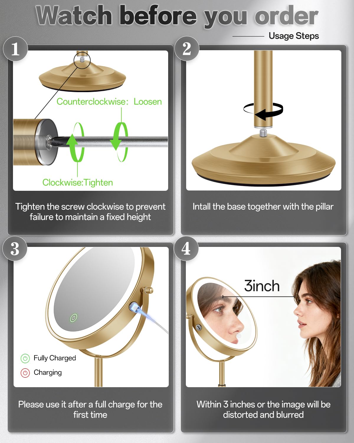 VFD 30X/1X Makeup Mirror with Lights, Height Adjustable Lighted Magnifying Vanity Mirror with 3 Lighting and Adjustable Brightness, 3000mAh Rechargeable Double Sided