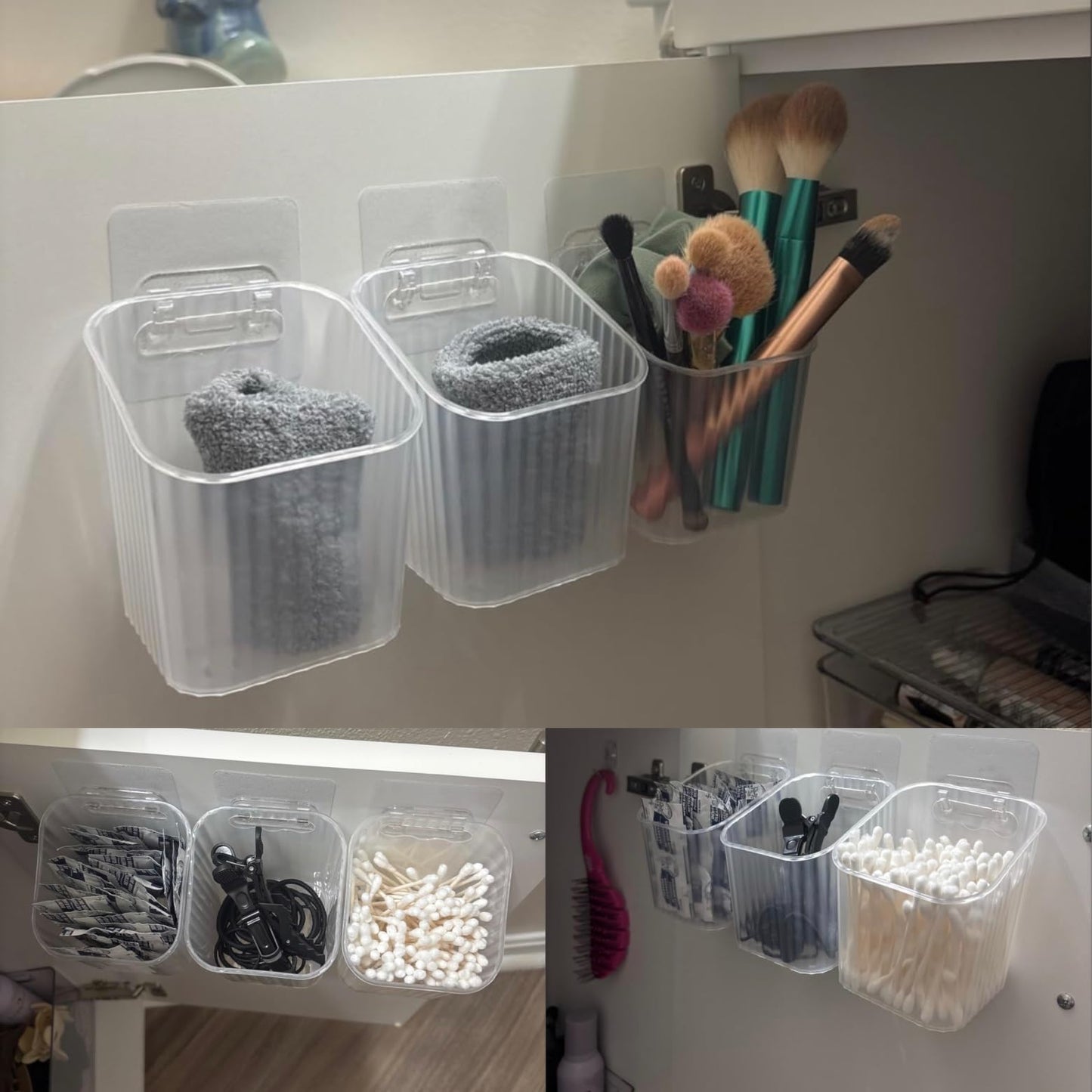 6Pack small Wall Mount Organizer, Adhesive Cabinet Door Storage Bins, Clear Makeup Container, Stackable Organizer Basket for Kitchen, Bathroom, rv, Pantry, Office，Refrigerator Small Items storage