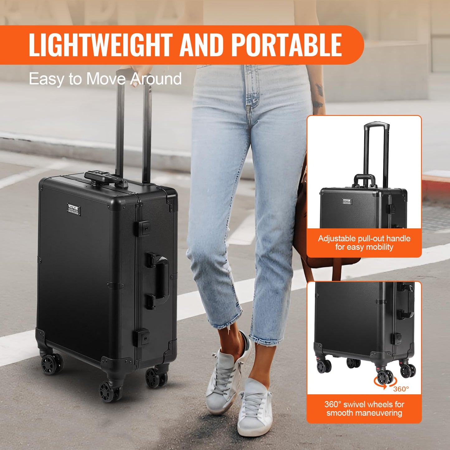 VEVOR Makeup Train Case with Lock, Lighted Mirror, 4 Storage Trays, Brush Holder, Travel Cosmetic Organizer Box w/Swivel Wheels, Professional Artist Trolley Studio Free Standing Case