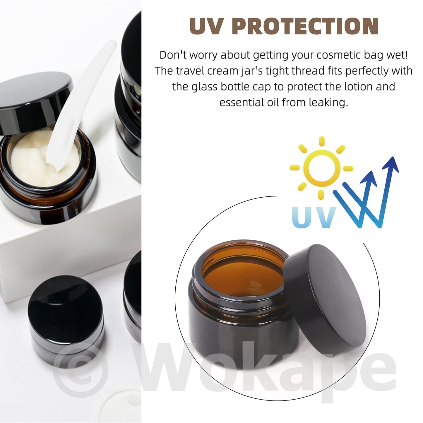 Wokape 20Pcs 10ml Amber Glass Jars with Liner Lids Spatulas, Leak-proof Round Cosmetic Jars for Travel Wear