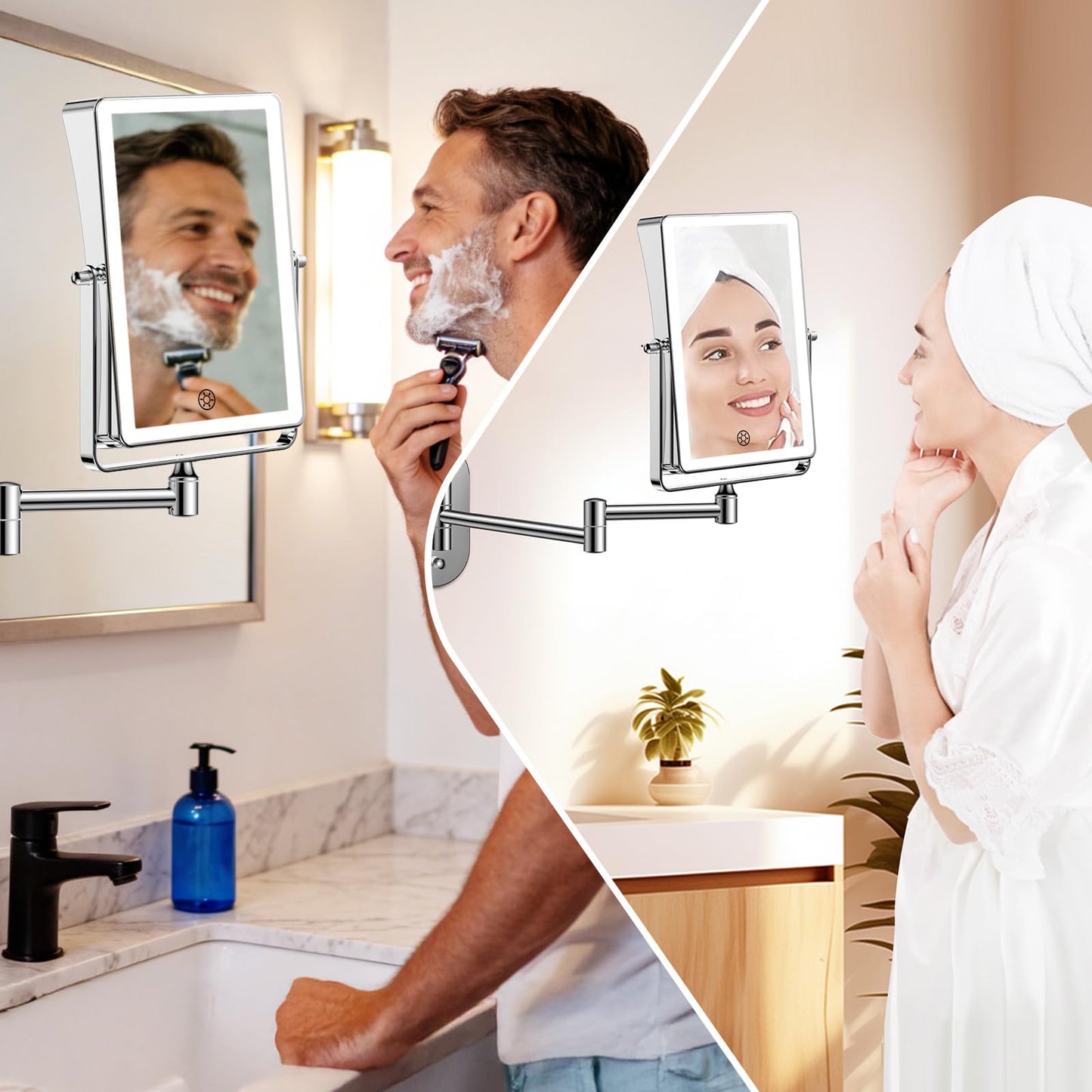 FUNTOUCH 5000mAh Rechargeable Wall Mounted Makeup Mirror with Lights, 8.7" Double Sided 1X/30X Magnifying Mirror with Dimmable 3 Color Light, Extended Swing Arm 360° Wall Mount Bathroom Vanity Mirror