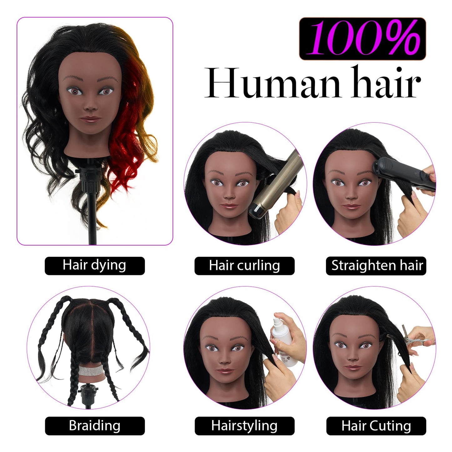 100% Mannequin Head Human Hair,18" Real Hair Mannequin Head,Cosmetology Manikin Doll Head for Hair Styling,Practice Dying, Braiding Curling Training Head with Table Clamp,Black