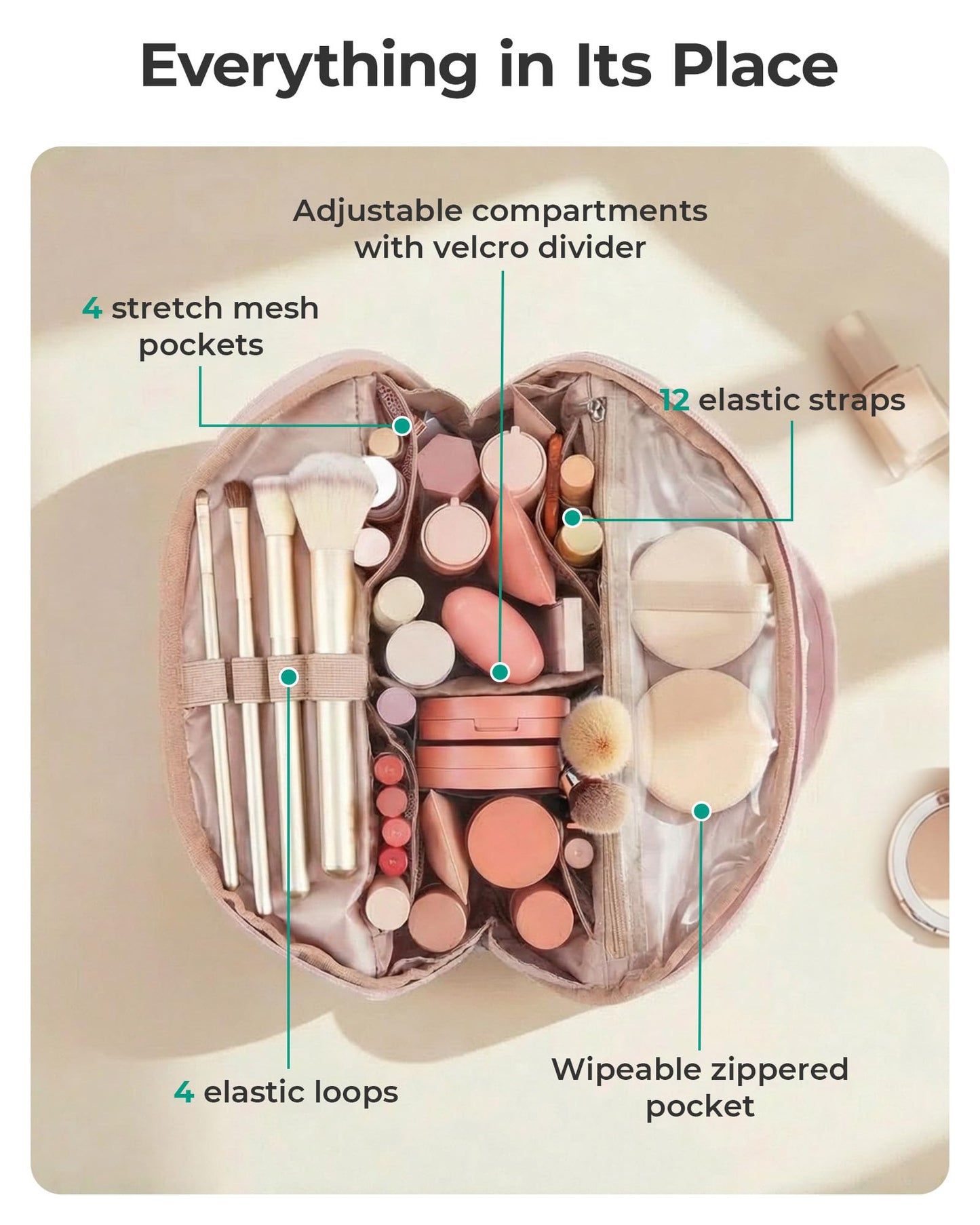 BAGSMART Travel Makeup Bag for Women, Portable Fold-down Cosmetic Case, Puffy Padded Make Up Organizer Pouch, Water-resistant Toiletry Bag for Toiletries, Brushes (Baby Pink)