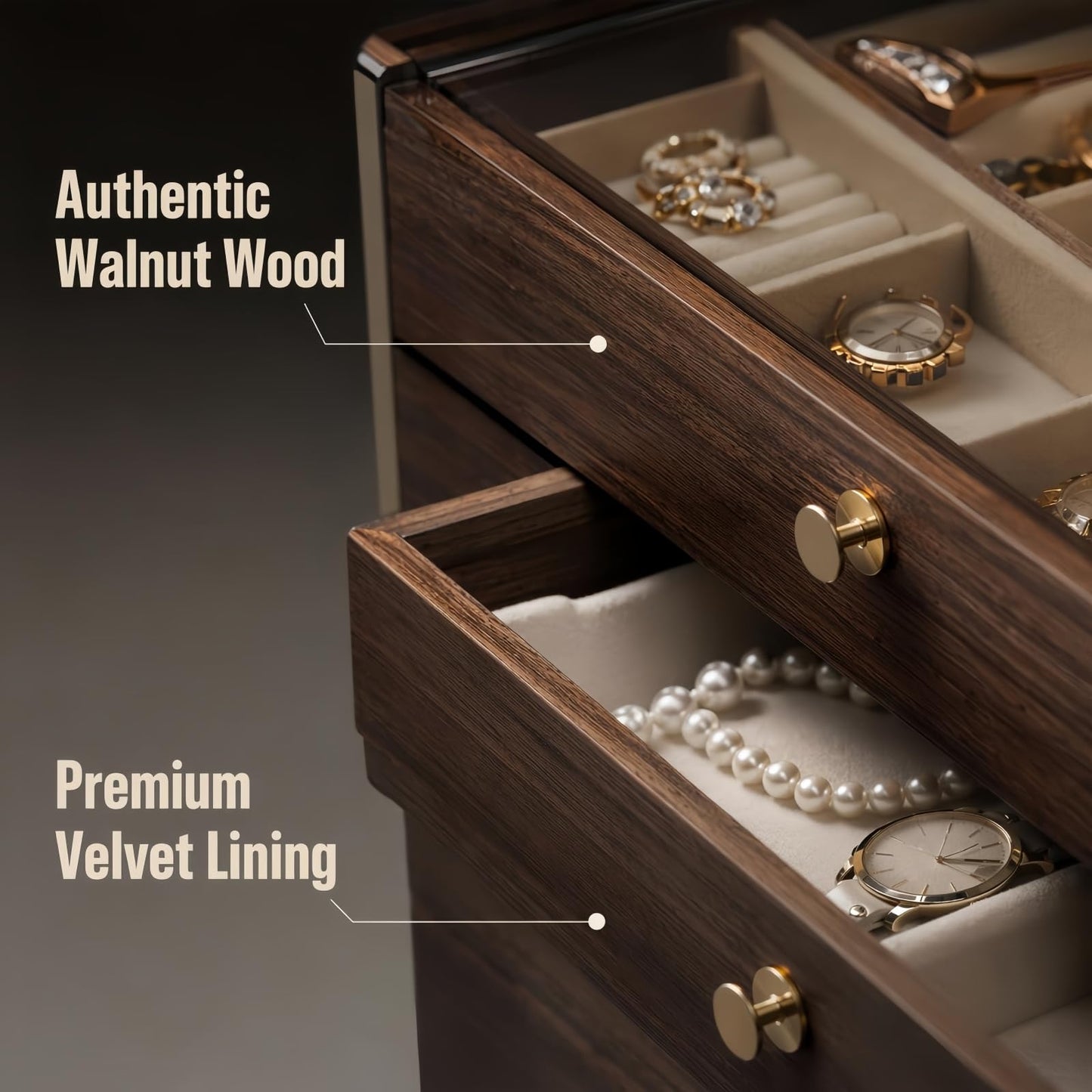 3 - Layer Wooden Drawers Jewelry Box for Women, Jewelry Organizer with Acrylic Cover & Velvet Lining - Adjustable Compartments for Earrings, Rings, Necklaces, Bracelets, Lipstick