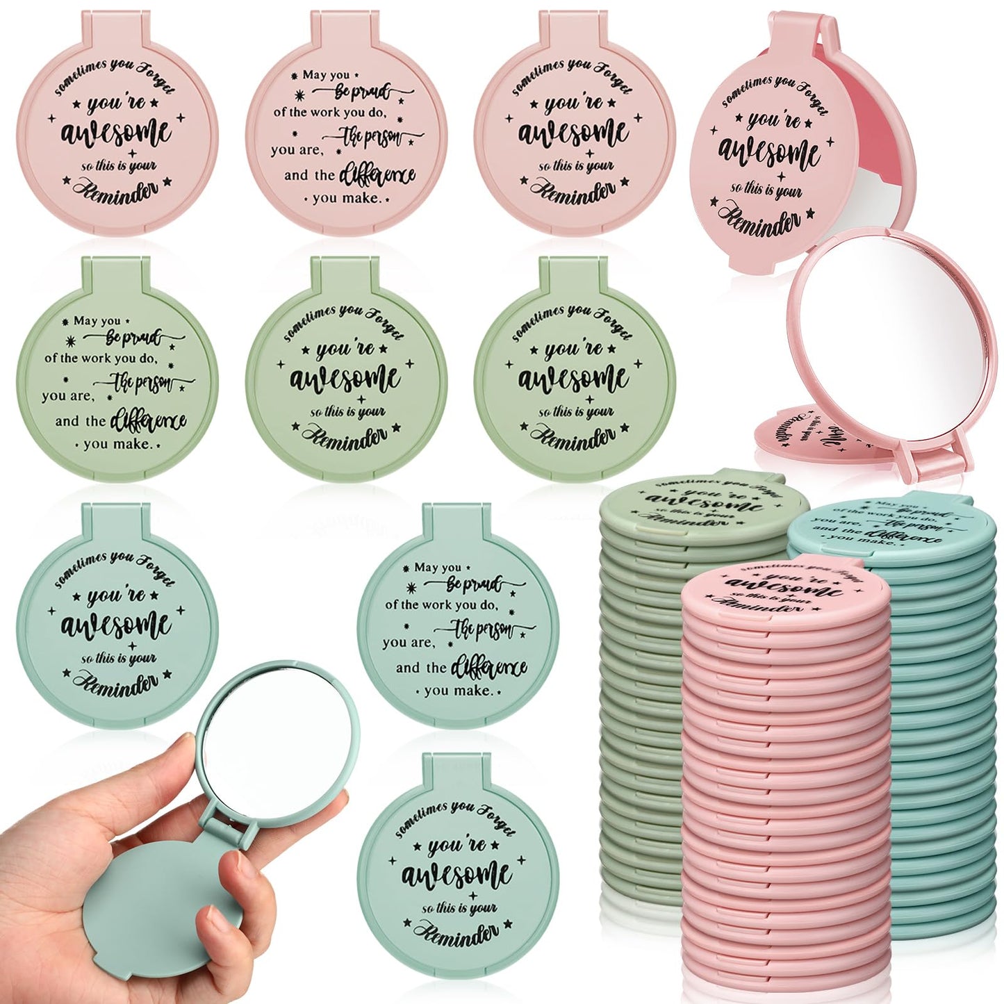 Wenqik 64 Pcs Inspirational Mini Compact Mirrors Bulk, Women Small Gifts Bulk, Group Team Party Favors, Mini Pocket Purse Mirror for Travel, Client, Guest, Wedding, Birthday, Cheerleader (Soft Pastel)