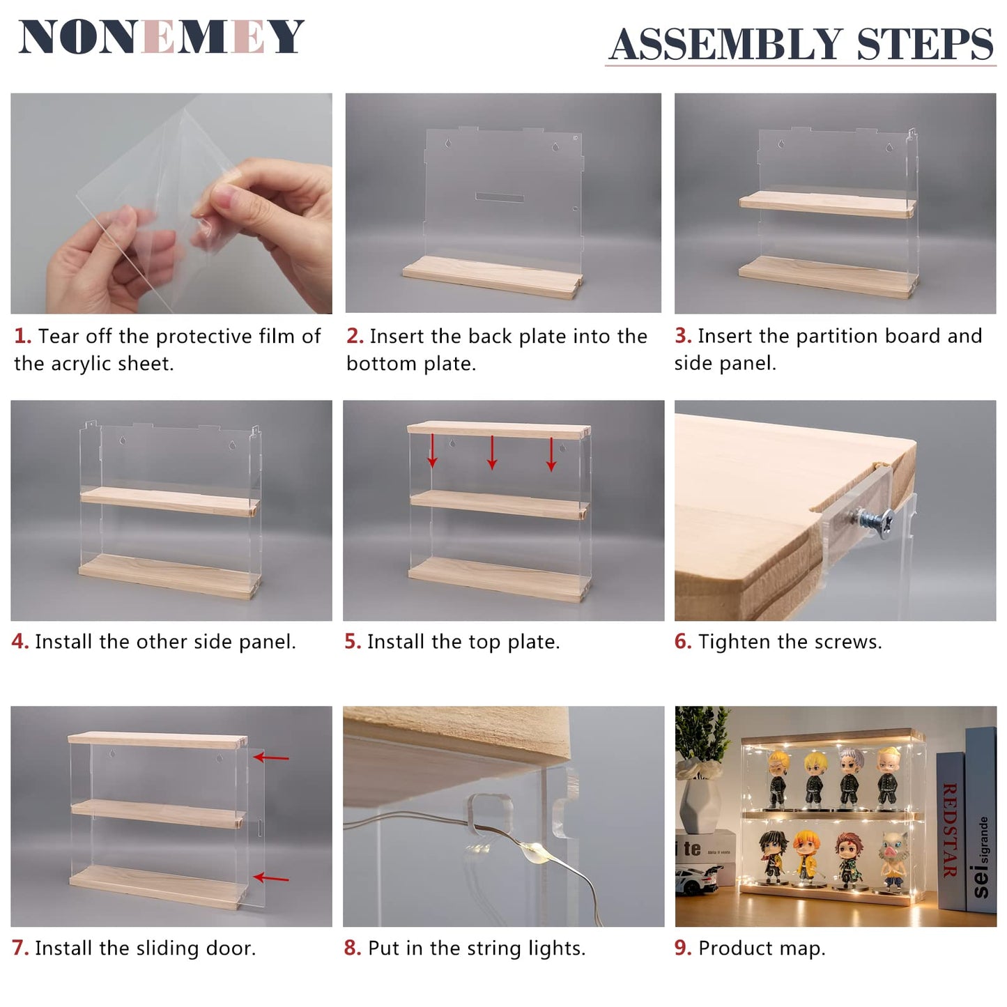 NONEMEY Clear Acrylic Display Case Stand with Wood Base 3 Tier Storage Box Wall Mount Showcase Dustproof Organizer Box for Collectibles (3Tier 12×3.3×15inch)