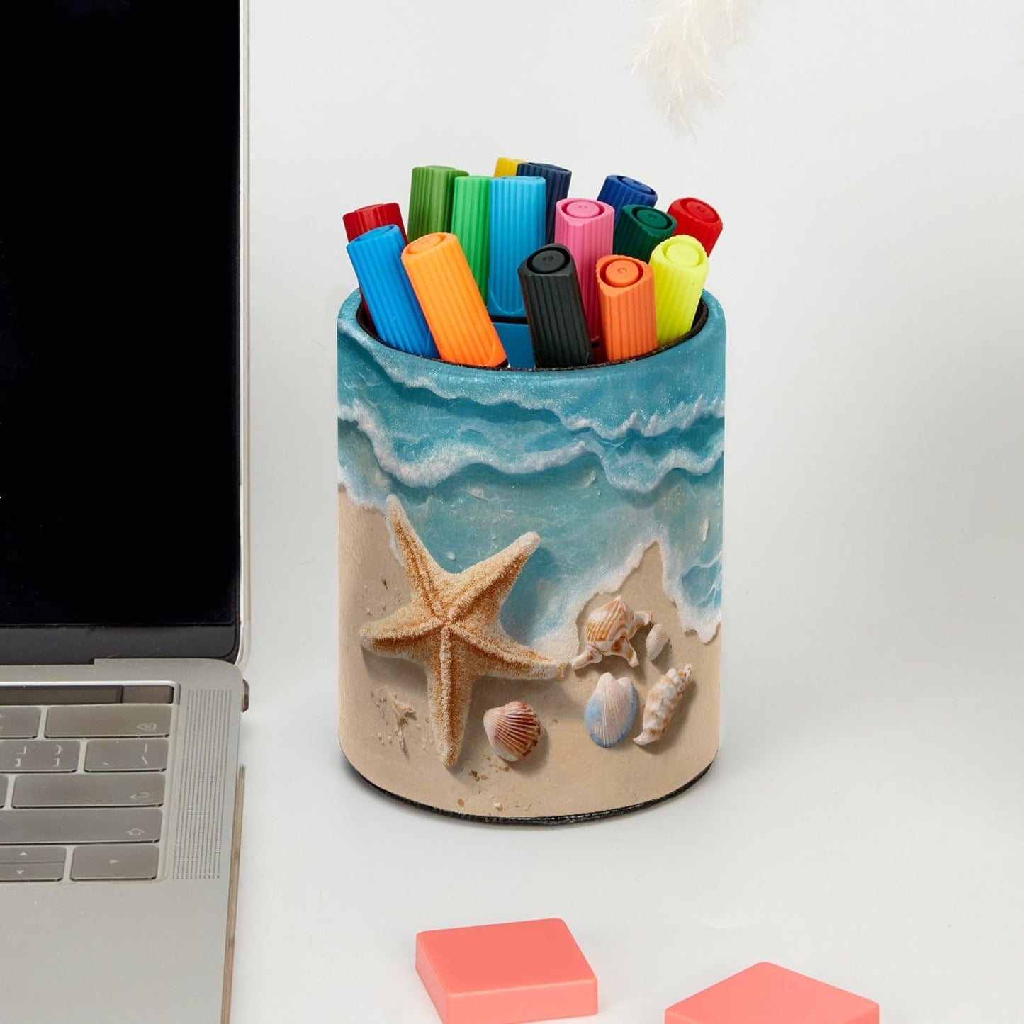 Nautical Beach Starfish and Shell Leather Pen Holder for Desk, Multifunctional Desktop Organizer Pencil Cup, Desktop Caddy Stationery Organizer for School Home Office Desk Accessories