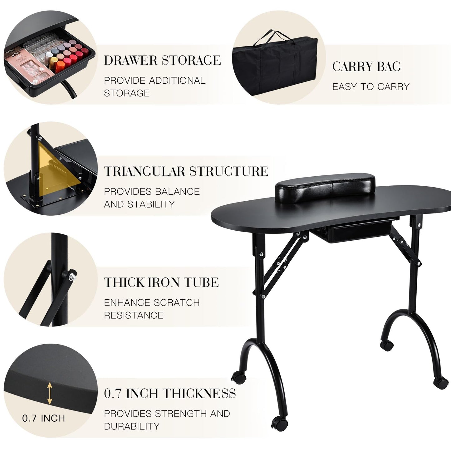 Joligrace Professional Foldable & Portable Manicure Table Nail Technician Desk Workstation with Rolling Wheels Large Drawer Client Wrist Pad Free Carrying Bag Travel Nail Tech Spa Beauty Table, Black