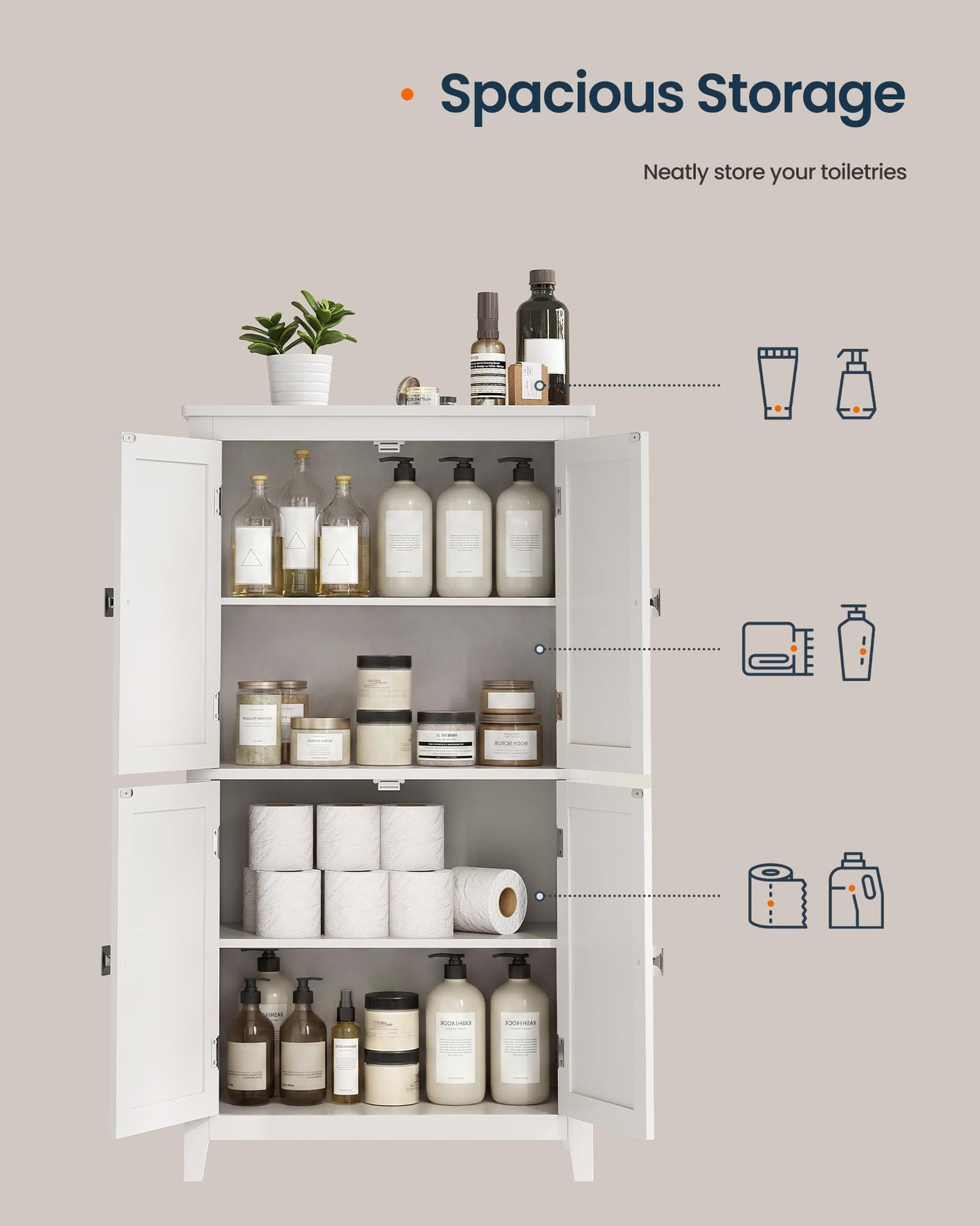 SONGMICS HOME Freestanding Storage Cabinet, Floor Cabinet with Elevated Legs, Metal Handles, for Living Room, Kitchen, Bathroom, White