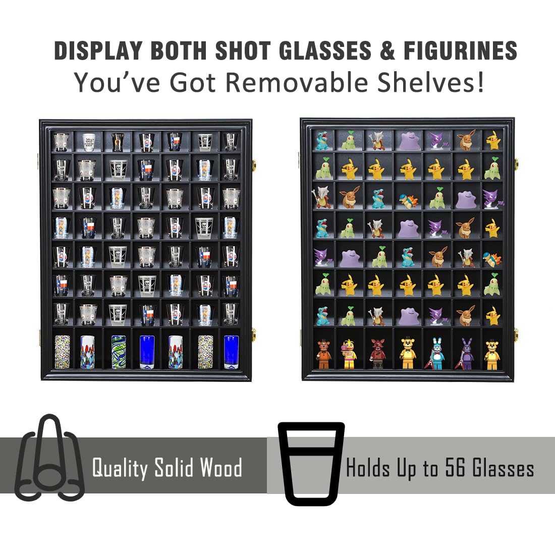Shot Glass Display Case Wooden Cabinet Rack Holder Wall Mounted 56 Slots Black Shadow Box Lockable with UV Protection Acrylic Glass Door Shot Glass Storage Display with Removable Shelves, 23.3"x18.74"
