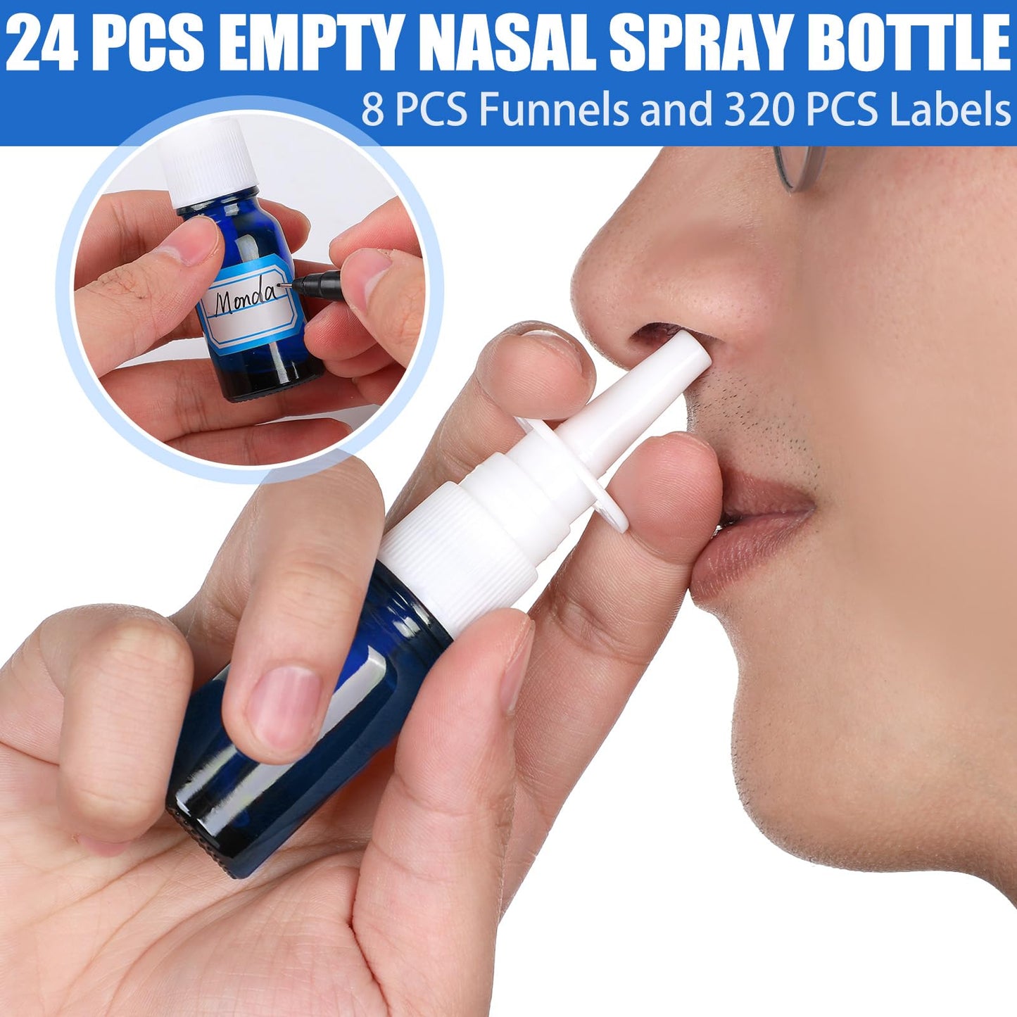 ZHWKMYP 40 Pcs Nasal Spray Bottle, 10ML/0.35OZ 24 Pcs Refillable Glass Blue Nasal Spray Bottles Empty with 8 Funnels and 8 Labels