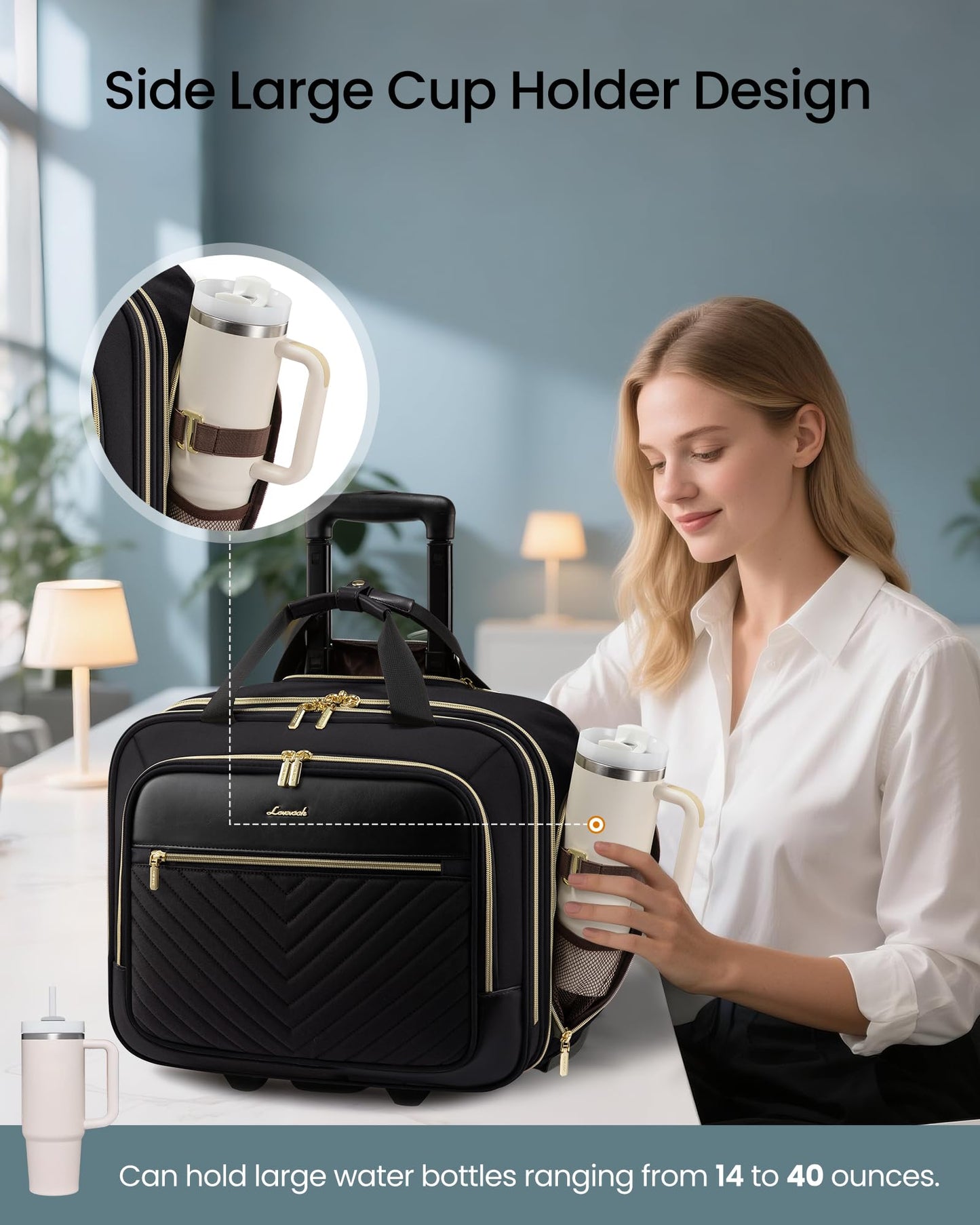 LOVEVOOK Rolling Laptop Bag Women, 17.3 Inch Laptop Briefcase with Wheels for Work Travel Business, Underseat Carry On Luggage Case,Black
