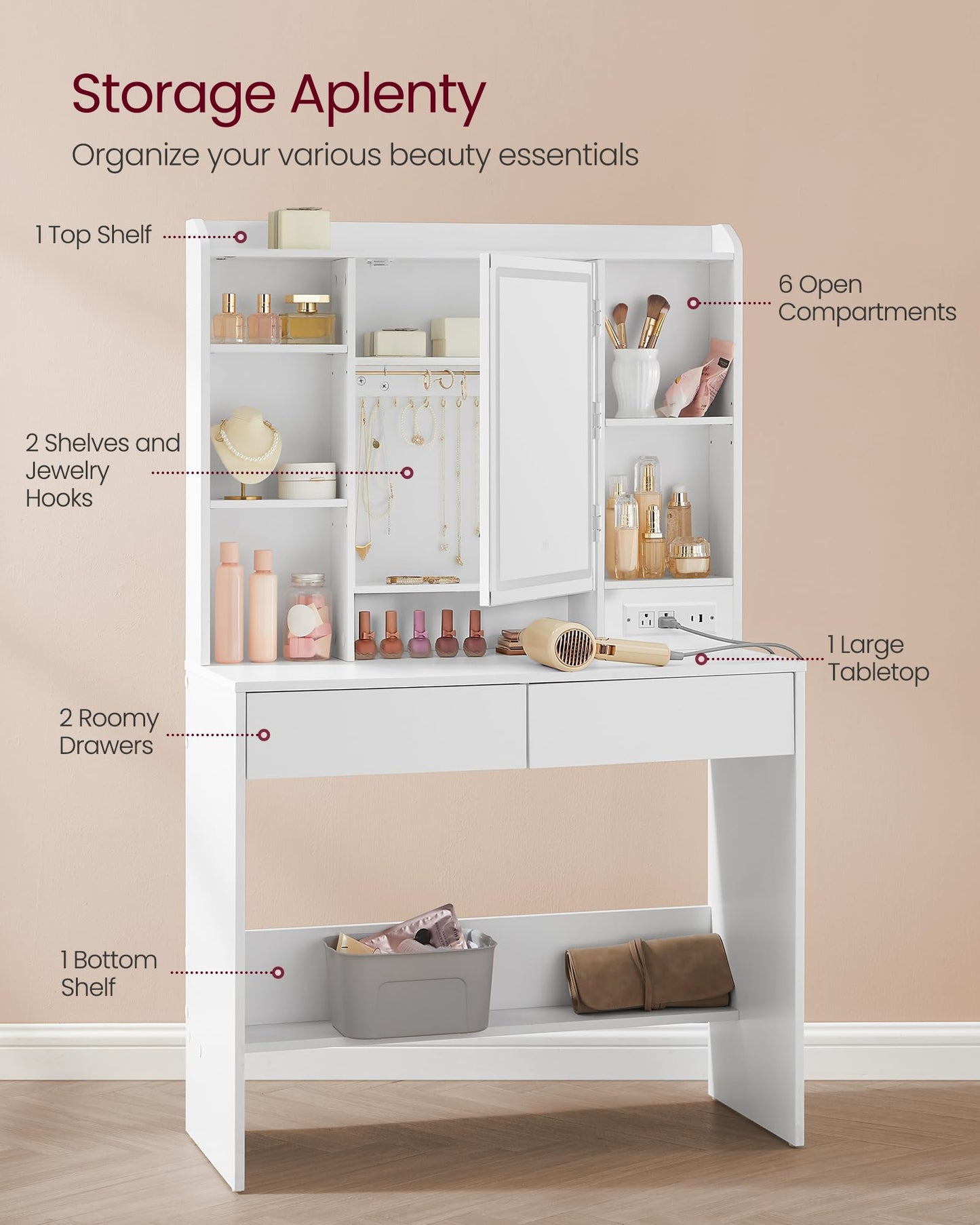 VASAGLE KAILYN Collection - Vanity Desk with Power Outlets, Makeup Vanity with Mirror and Lights, Upholstered Vanity Stool, 6 Compartments, 2 Drawers, for Bedroom, Cloud White URDT031WB02S