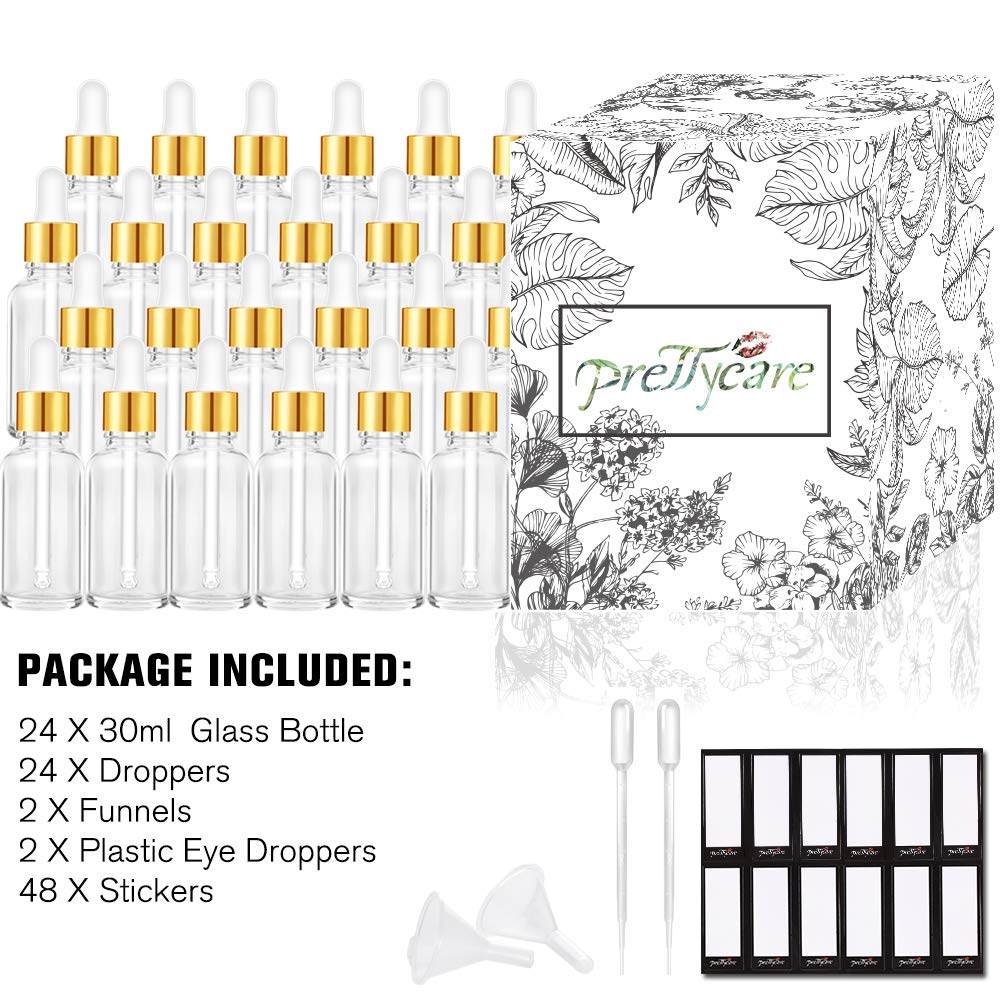 PrettyCare Glass Eye Dropper Bottles 24 Pack, 1oz (30ml) Clear Empty Thick Bottles Bulk with Leakproof Golden Caps - With Labels & Funnels for Storage, Travel, Essential Oils, Cuticle Oils, Tinctures