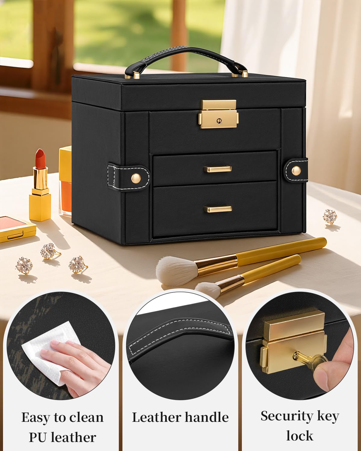 TORIBIO Jewelry Box for Women, Leather Jewelry Organizer with Mirror & Lock, 3-Tier Jewelry Storage Organizer with 2 Drawers for Girls/Women/Mothers, Necklace Earring Bracelets Holder Organizer