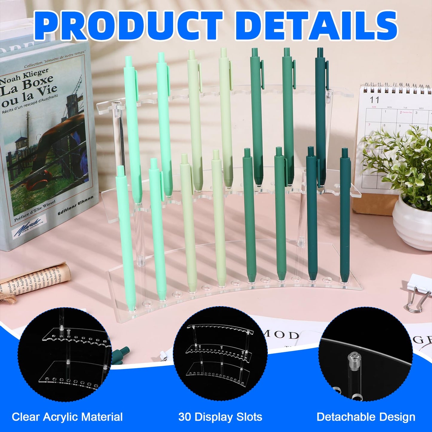 XEQWZVFR 3 Sets Acrylic Pen Display Stand 2 Tier Clear Pen Display Stand Rack Pencil Holder with Installation Tool,30 Slots 1.3cm/0.51" Brush Showing Stand Desk Crayon Display Stands for Vendor Events