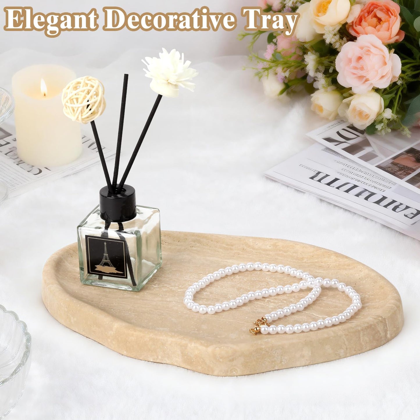 Moujings Natural Travertine Vanity Tray - Decorative Stone Marble Tray for Bathroom Countertop, Elegant Organizer for Home Decor, Jewelry, Candle, Makeup, Kitchen and Dresser Decor