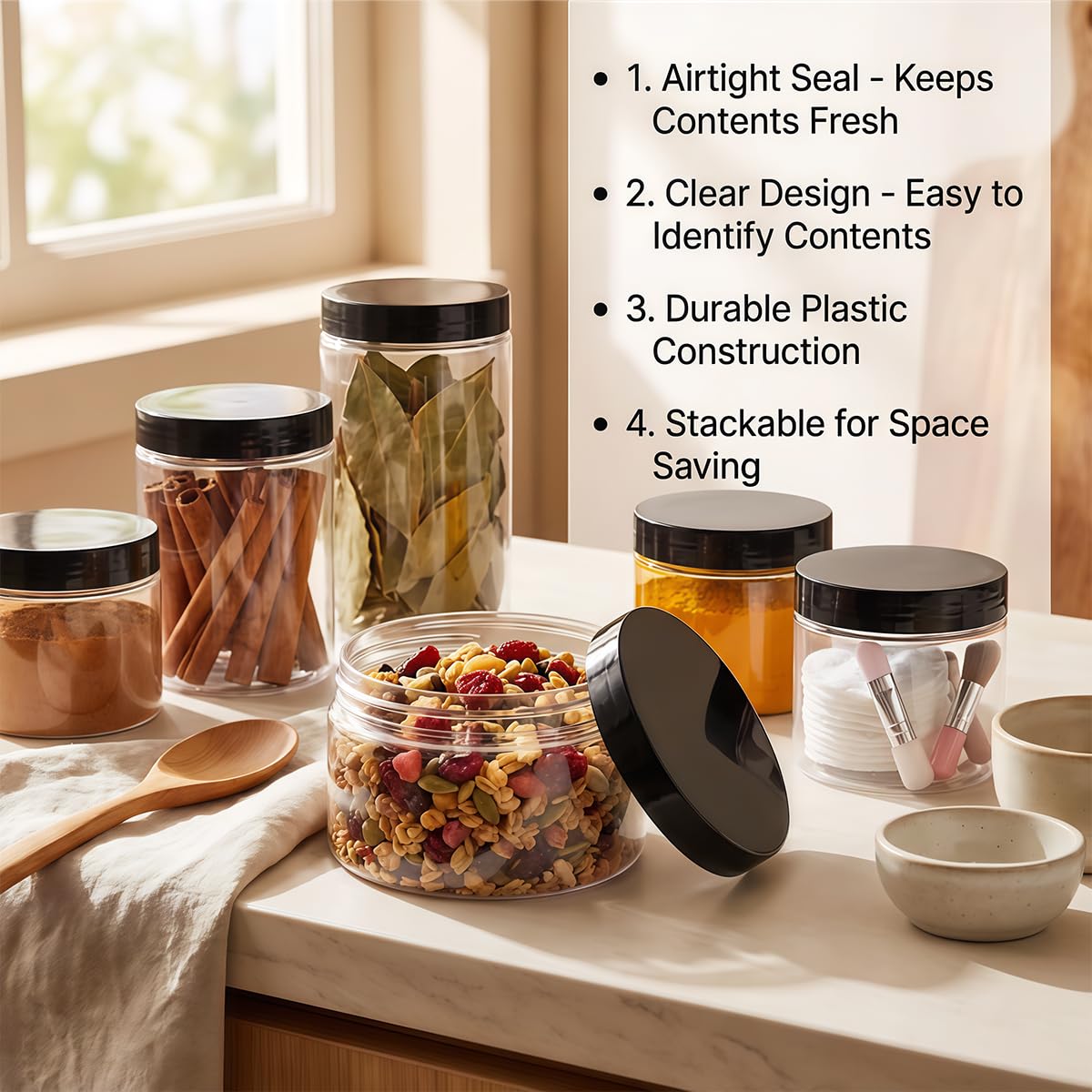 8 Oz / 250ml PET Plastic Refillable Jars Empty Cosmetic Containers Cases with Black Lid Cream Lotion Box Ointments Bottle Food Bottle Makeup Pot Jar for Lip Balm Make Up Eye Shadow Powder Pack of 6