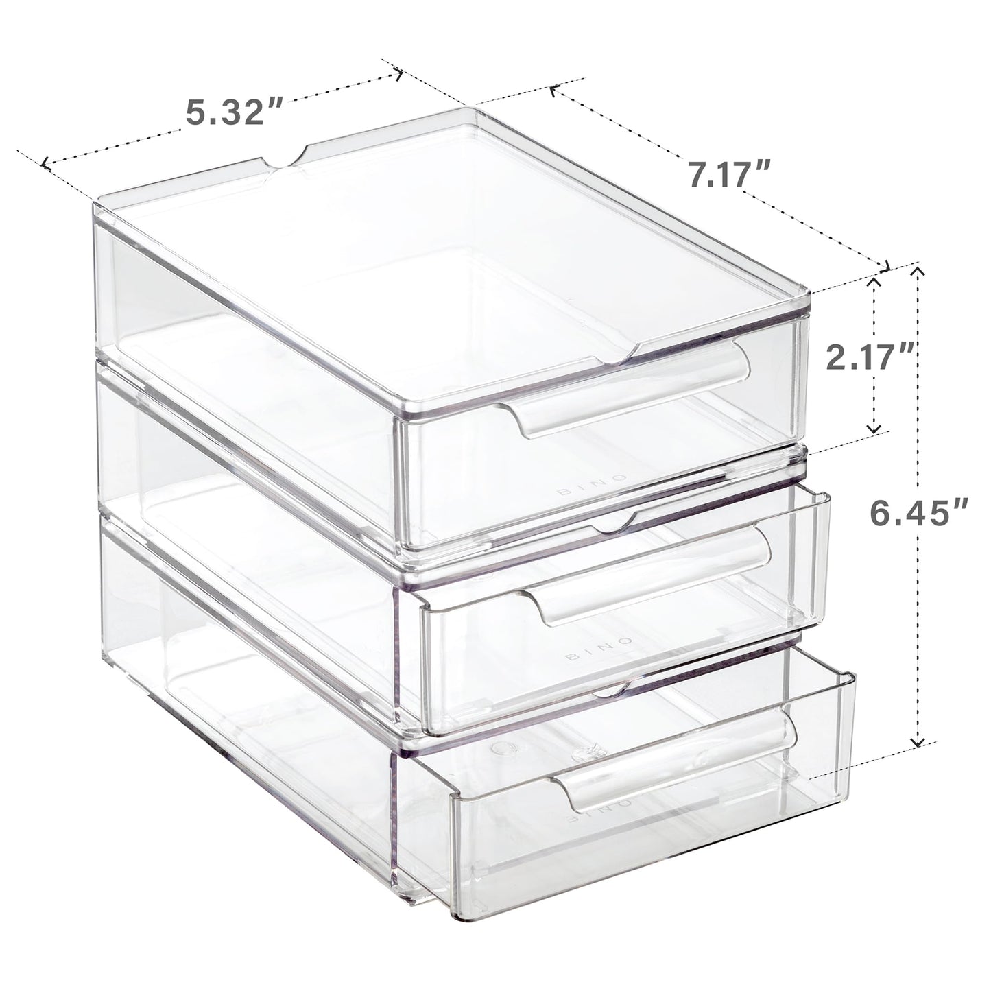 BINO | Clear Stackable Storage Drawers, Small - 3 Pack | Clear Storage Drawers with Built-In Handles | Durable Plastic Organizer Drawer | Modular Stackable Drawer Acrylic Organizer