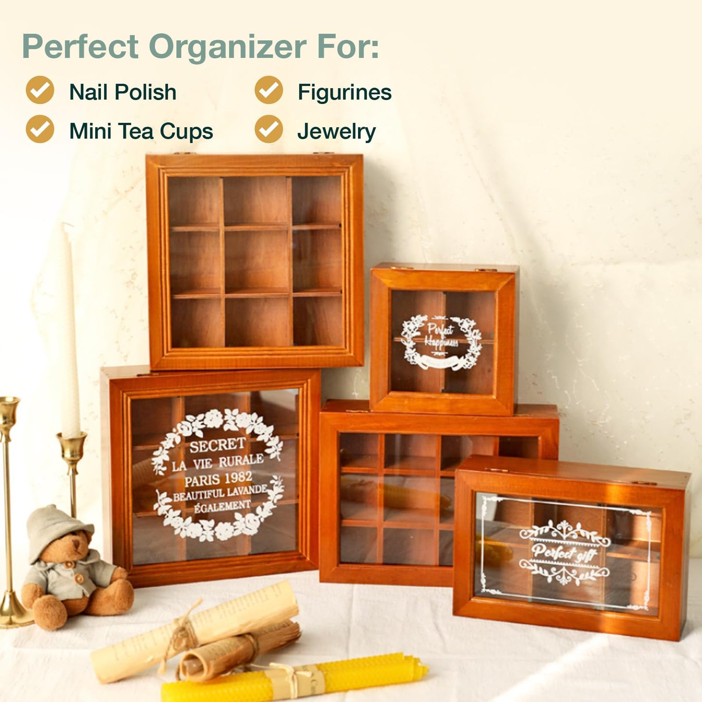 9-Slot Mini Wooden Storage Box w Clear Acrylic Collectibles Display Case - Square Wood Organizer Box with Dividers - Storage & Organizer Case for Tea, Essential Oils, Spices & More