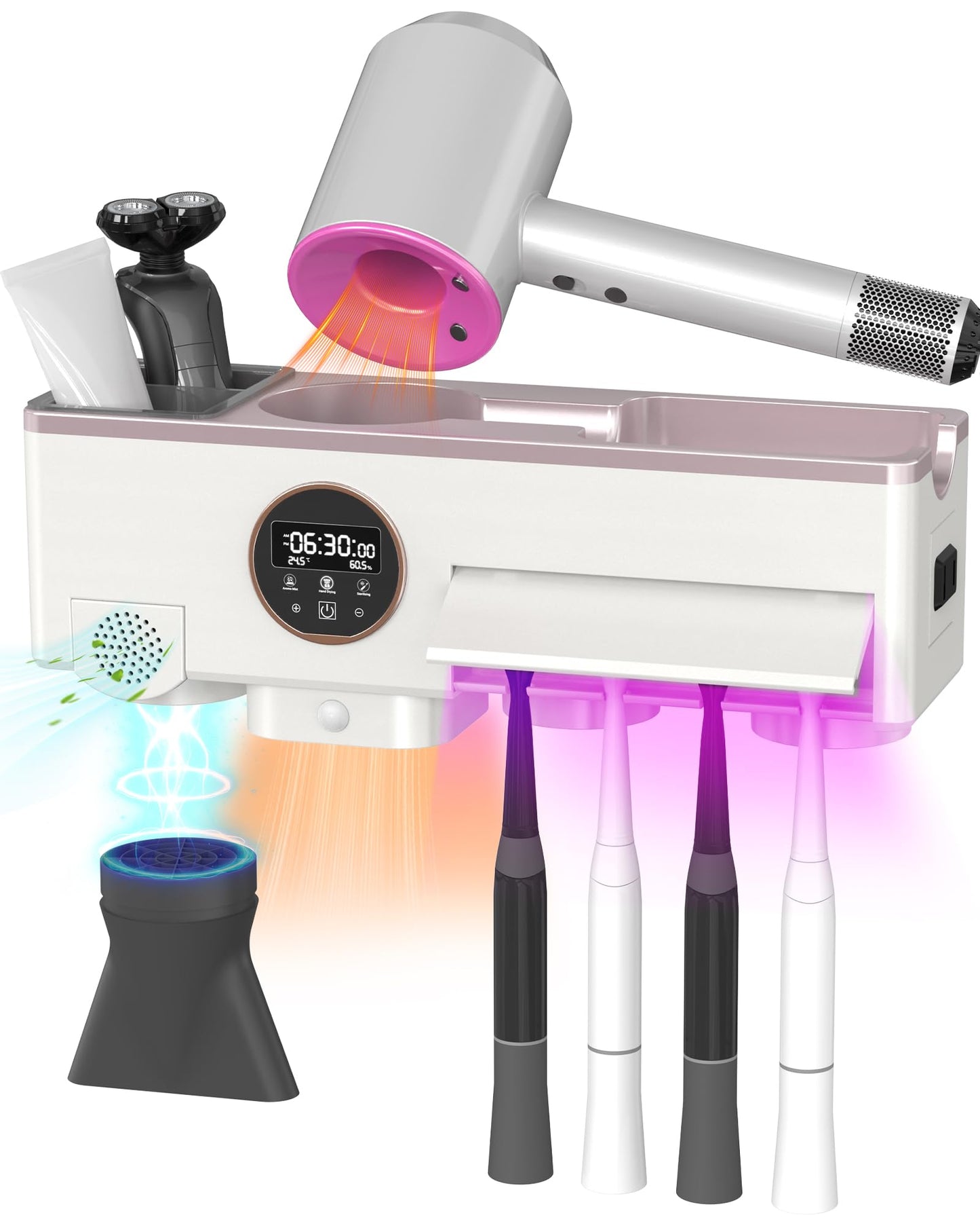 Toothbrush Cleaner and Holder for Bathrooms Wall Mounted with Fan Drying&30min Timing Function Cruise Air Drying,Electric Toothbrush Holder with 4Toothbrush Slots,Toothpaste Dispenser with Led Smart