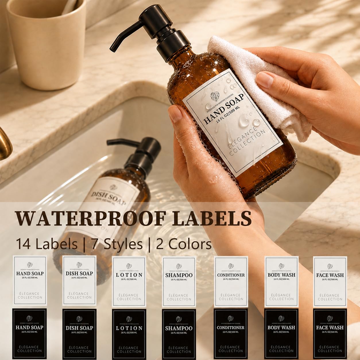 Fachixy Amber Glass Soap Dispenser (2 Pack), 16 Fl Oz Hand & Dish Soap Dispenser Bottles Set with Leak-Resistant Stainless Steel Pump, Non-Slip Pad, 14 Waterproof Labels for Kitchen and Bathroom