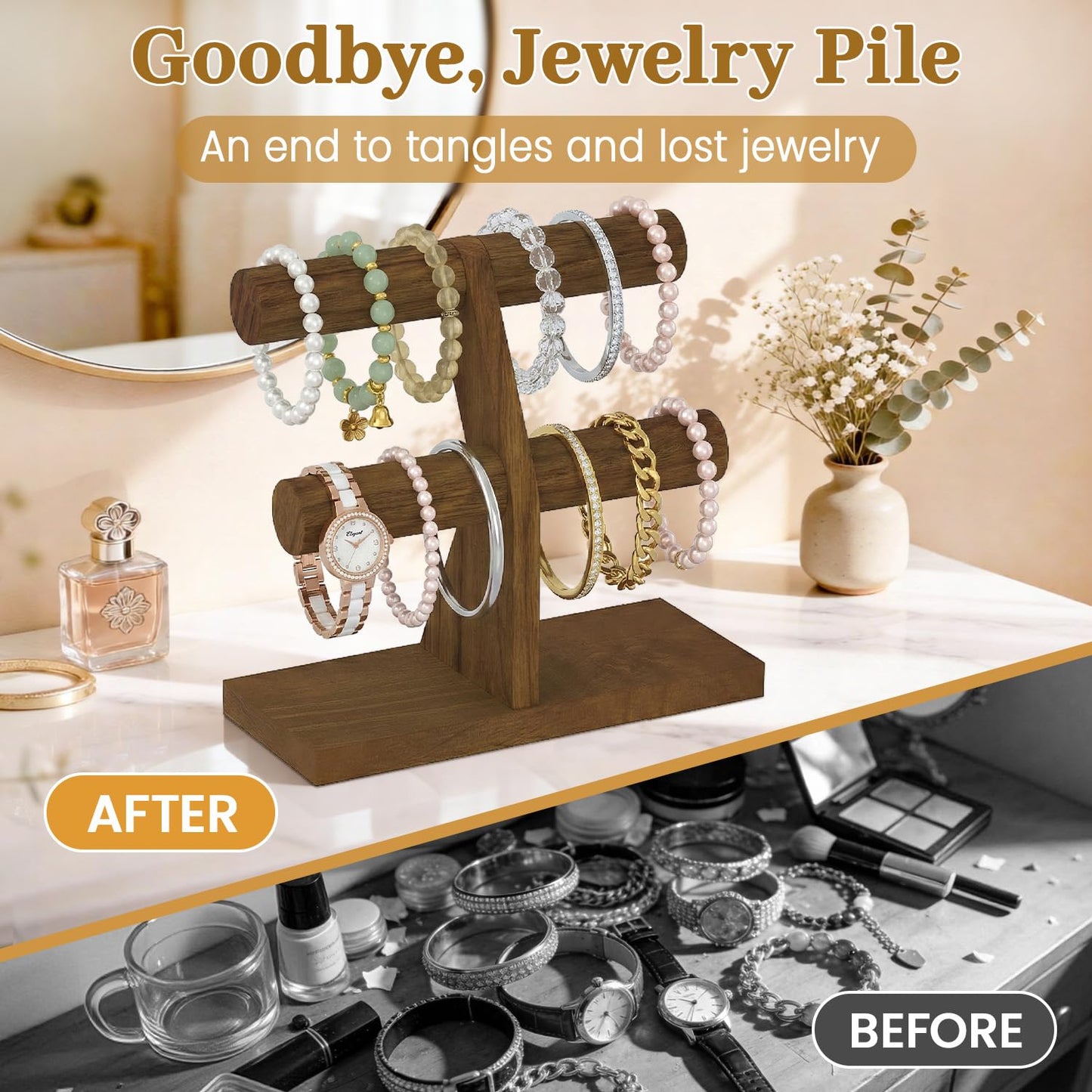 MODOWEY Bracelet Holder Organizer Display Stand, 2 Tier Wooden T Bar Bangle Rack for Dresser, Small Jewelry Hanger with Rod for Vendor Selling, Desktop Vertical Jewellery Tree for Home Business, Brown