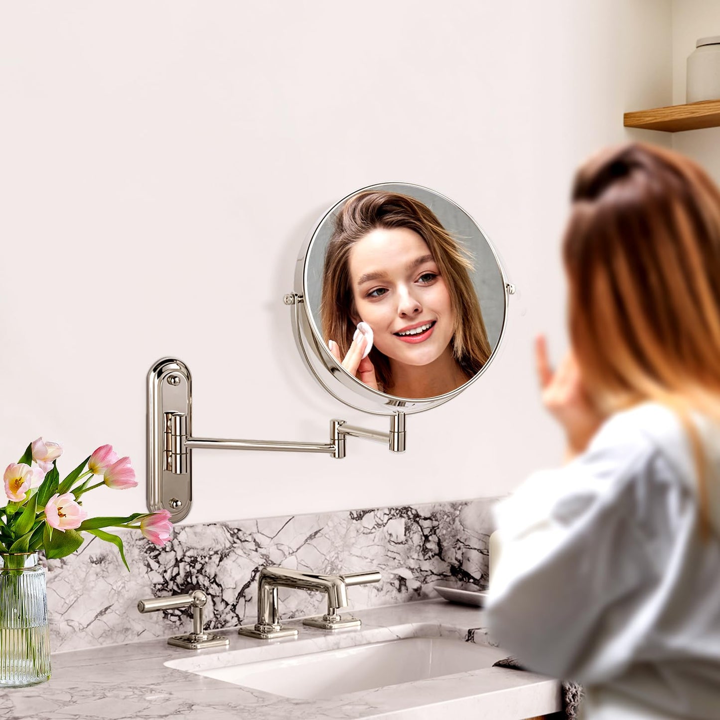 VORREMIRR Wall Mounted Makeup Mirror, 15X/1X Double Sided Magnifying Mirror, 8.5 Inch Round, Brushed Nickel, Modern Style, Space Theme, 13" L x 11" W