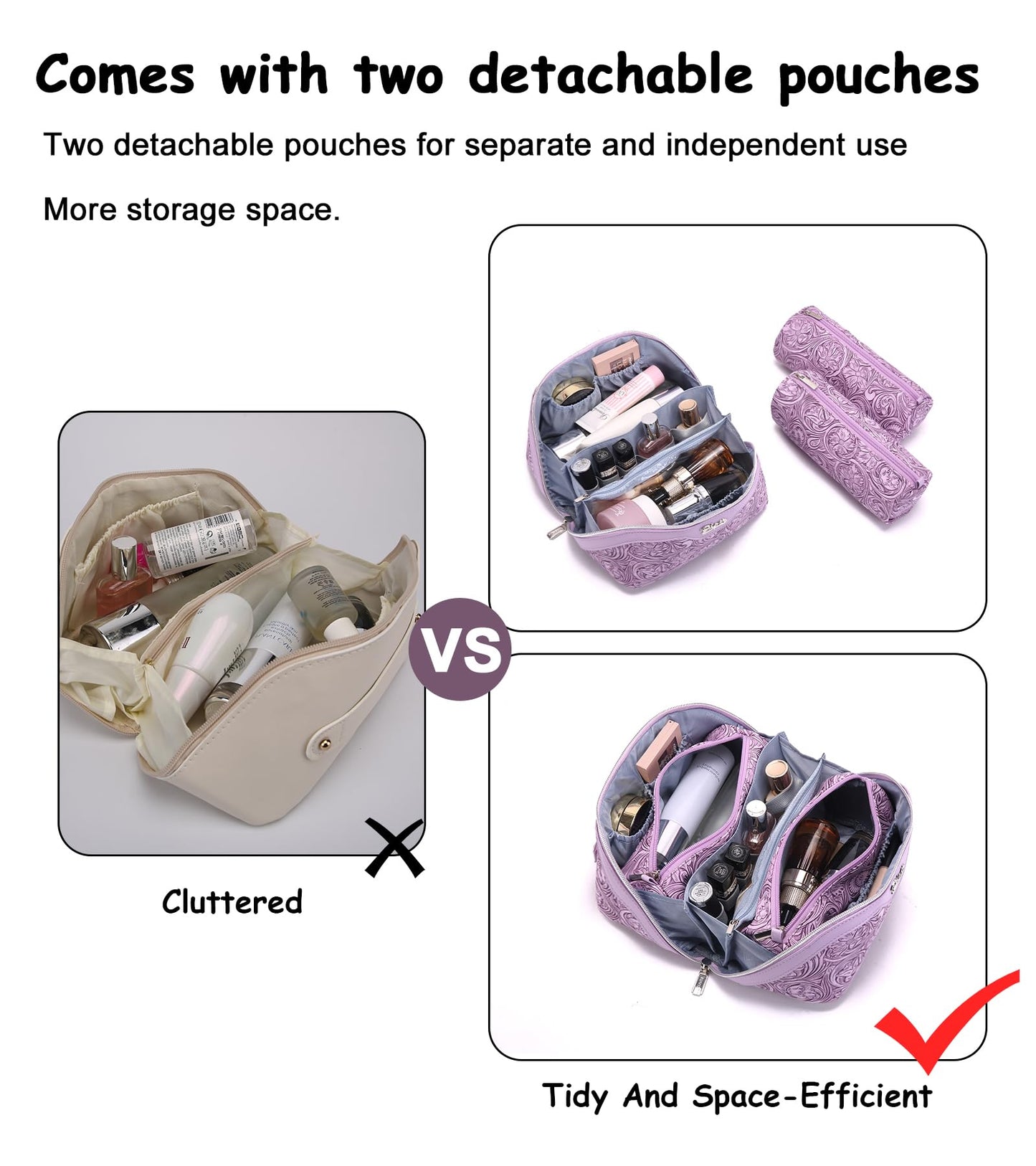 BOYATU Travel Makeup Bags Cosmetic Organizer Bag: 3 Pcs Set Large Capacity Floral Make up Bag with Compartments - Waterproof Leather Toiletry Bags with Handle for Women (21-Purple)