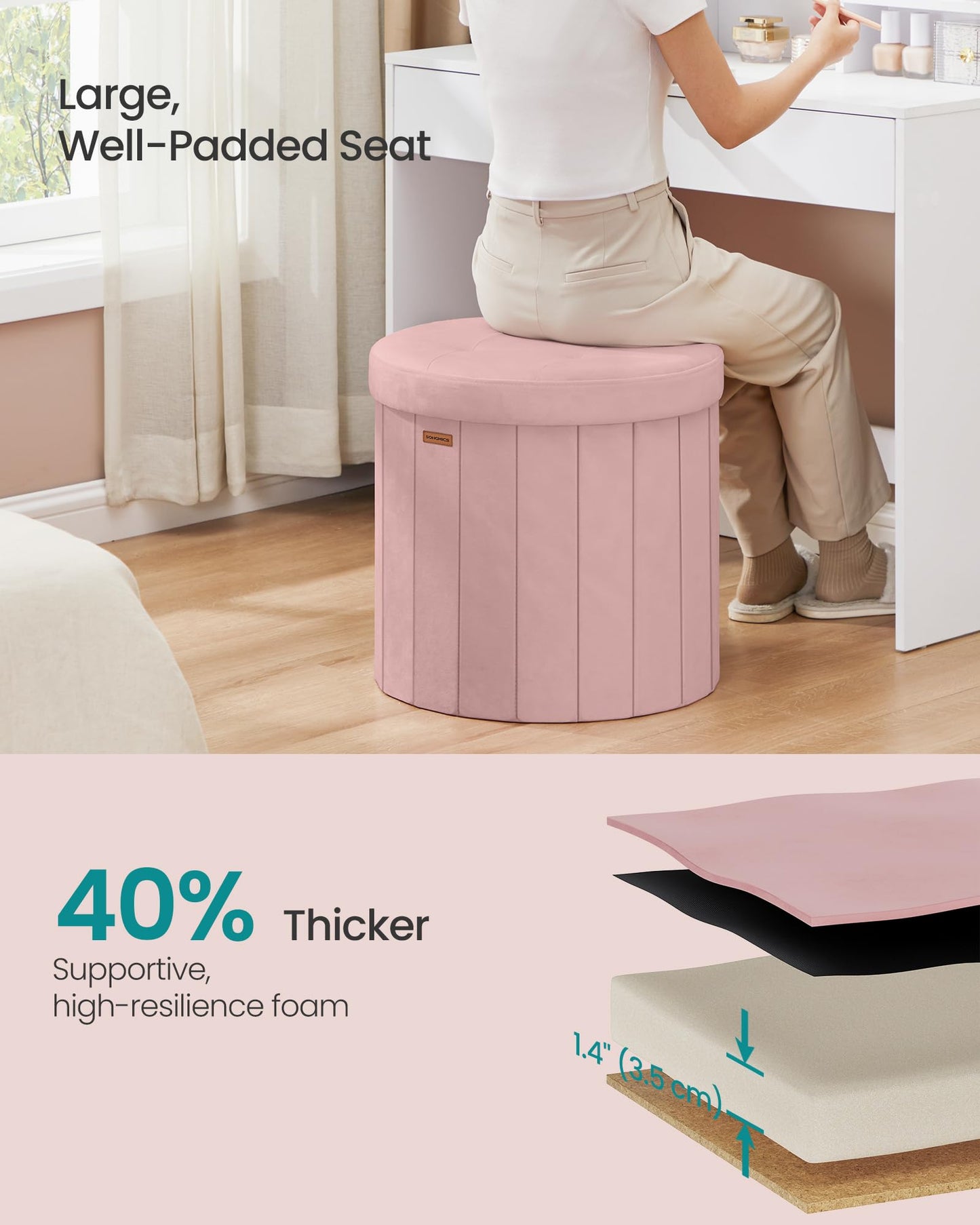 SONGMICS Mazie Collection - Round Storage Ottoman, Folding Footrest Stool with Removable Lid, Easy Assembly, Velvet Vanity Stool for Bedroom, Living Room, Entryway, Jelly Pink ULSF608R01