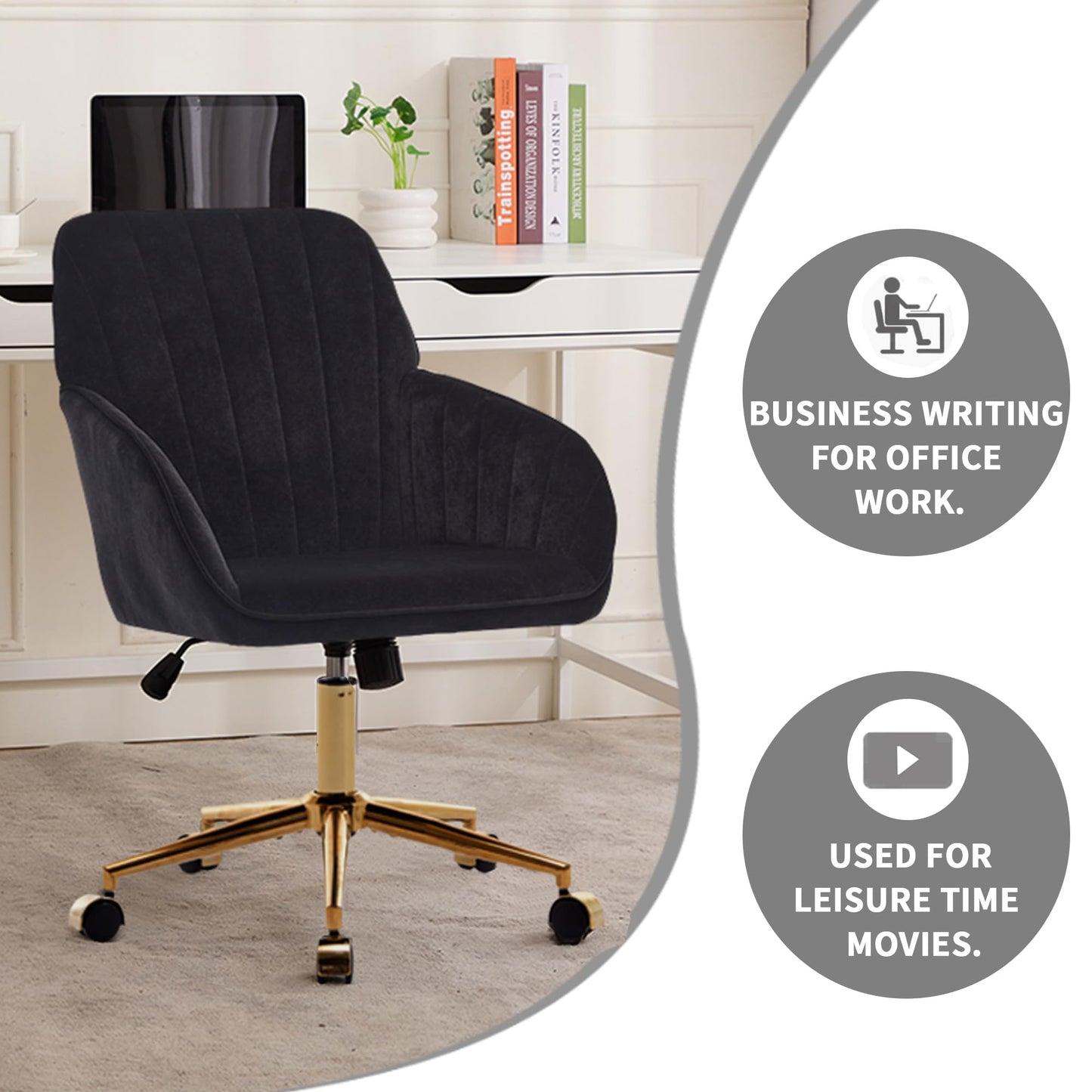 Klwenas Maec Black Velvet Desk Chair for Home Office, Modern Adjustable Computer Task Chair Swivel Chair Cute Vanity Chairs with Arm Rest for Bedroom Living Room Make-up Room (Black-Gold)