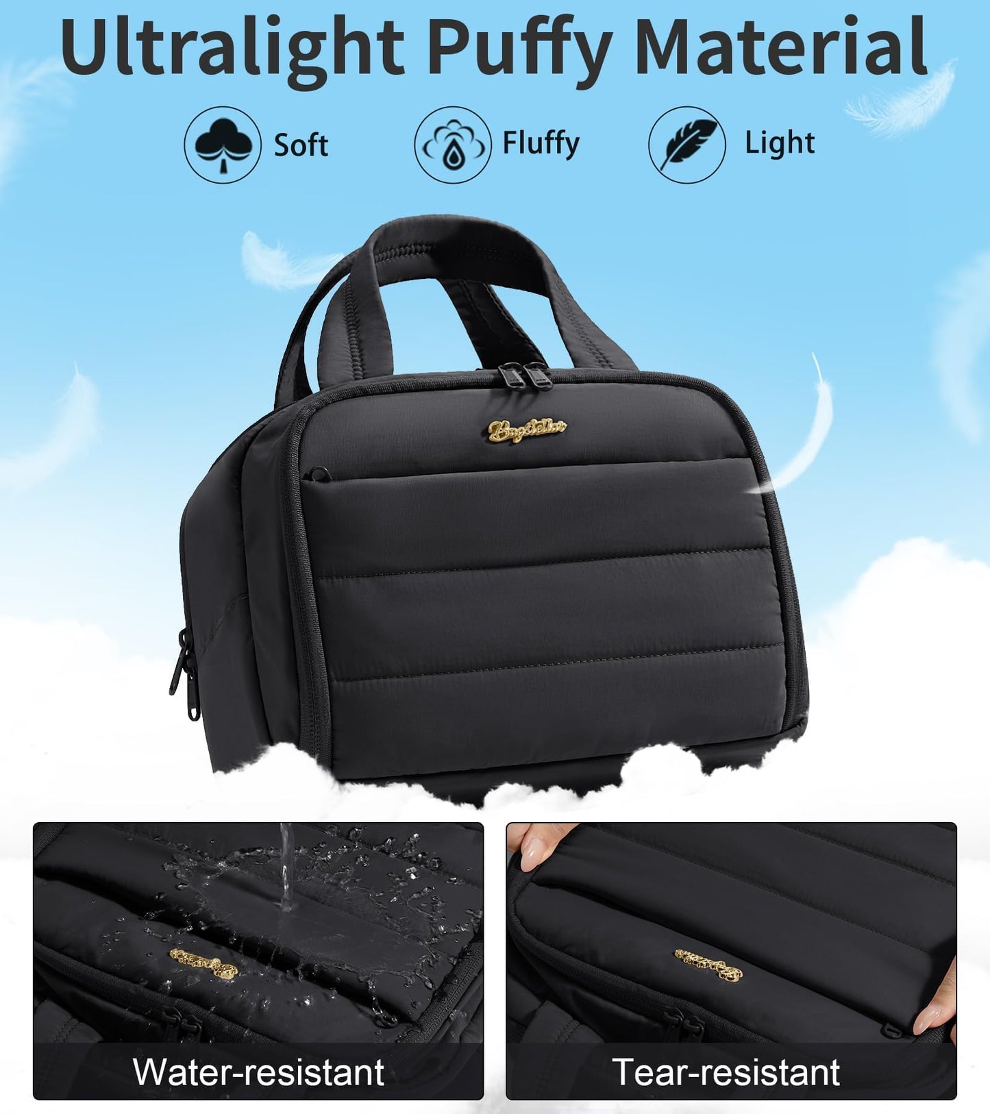 Bagstellar Travel Toiletry Bag for Women, Lightweight Large Quilted Puffy Makeup Bag Wide-open Make up Organizer Cloud Cosmetic Bag w/Handle for Traveling, Toiletries, Essentials, Accessories, Black