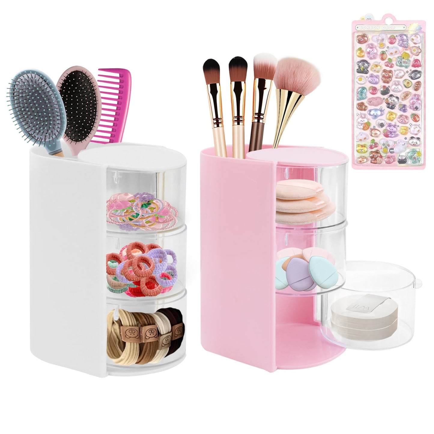 SHAIDOJIO 2Pack Hair Accessories Organizer with Hair Brushes Holder, 3-Tier Rotatable Drawer Makeup Brush Holder Small Jewelry Box with Sticker, Desktop Organizer Case for Girl Clip Earring Necklaces