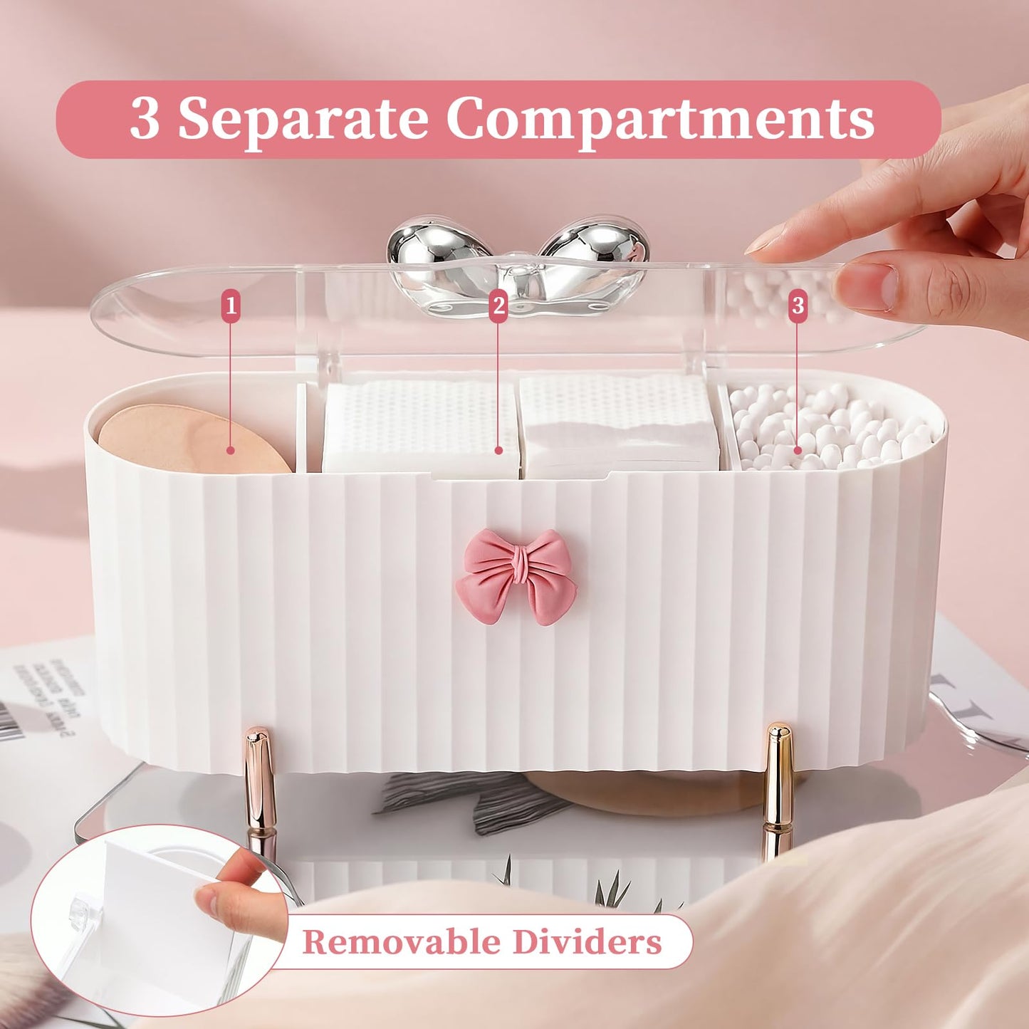Hushee Coquette Makeup Organizer, 3 Compartment Cotton Pad Holder Dispenser Compatible with Qtip with Bow Cute Ribbed Vanity Storage Box with Clear Lid and Silver Handle for Bathroom Countertop