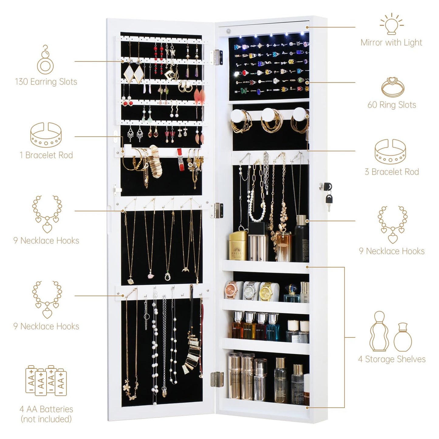 MASMIRE Full Length Mirror Jewelry Cabinet Organizer Lockable Door Wall-Mounted Jewelry Armoire with Shelves and Behind-the-Door Storage - White