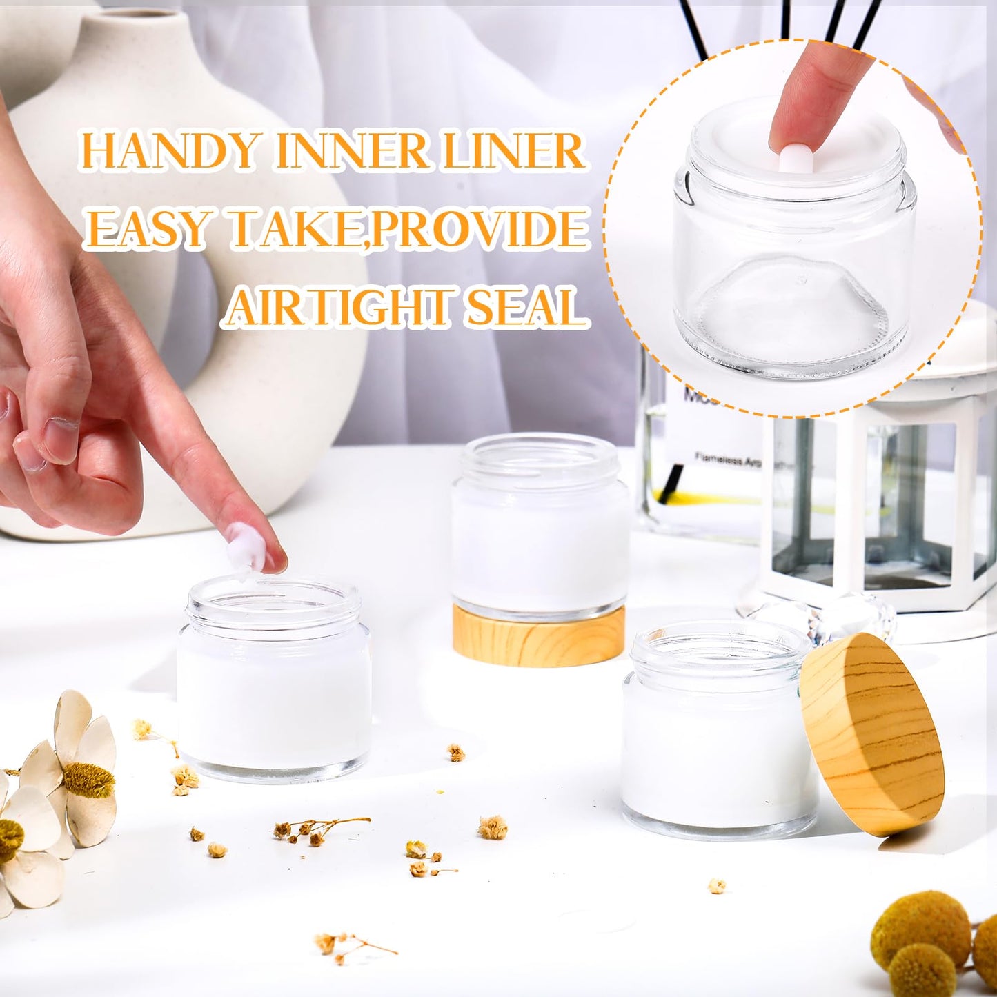 Layhit 2 oz Glass Jars with Lids, 24 Pack Clear Glass Jars with Woodgrain Lids Empty Cosmetic Containers Round Airtight Jar with Inner Liners, Labels and Lid for Storing Lotions Powders and Ointments