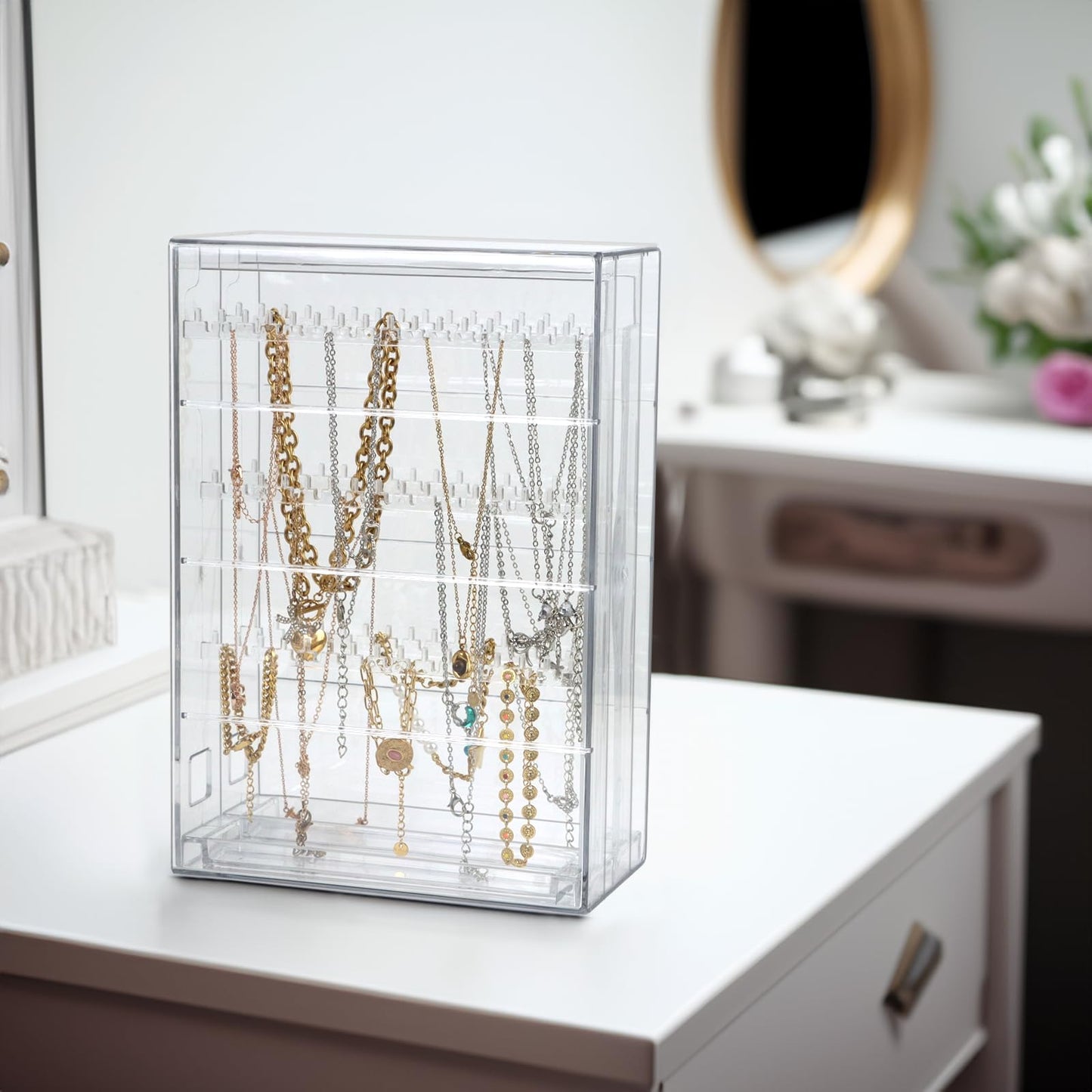 Fordonral Clear Necklace Holder Organizer with 96 Hooks, Transparent Jewelry Box for Necklaces,Earrings,Bracelet - Jewelry Display Box Storage Case
