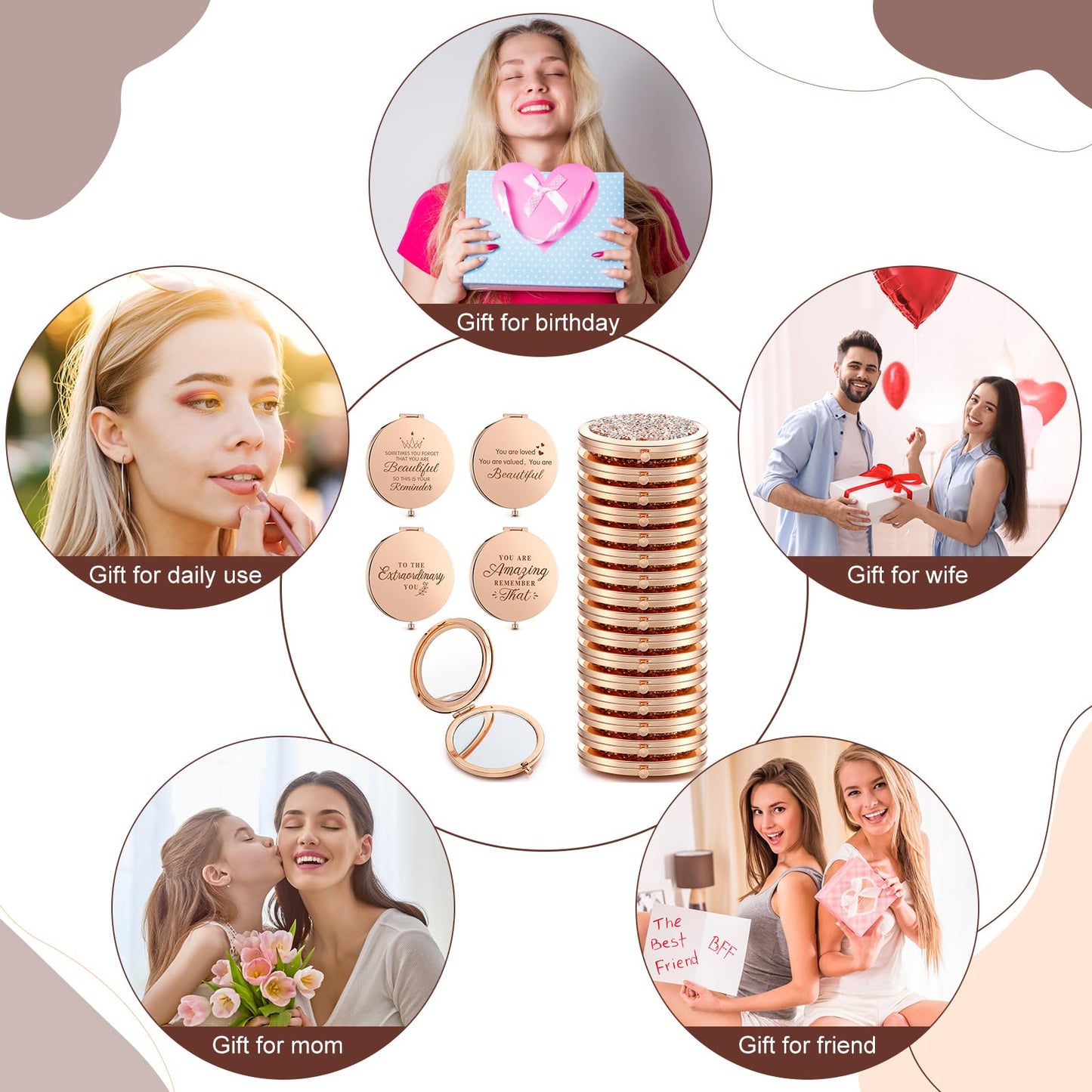 Roowest 16 Pack Metal Rhinestone Compact Mirror Bulk for Women Inspirational Rose Gold Magnifying Pocket Mirrors for Purses Wedding Bridal Shower Favors