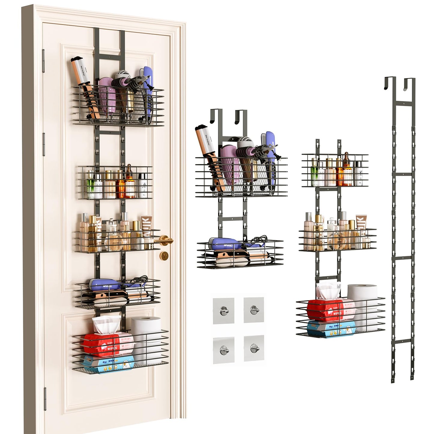 Yuyetuyo 5-Tier Over The Door Organizer Bathroom - Hair Dryer Holder - Hair Tool Organizer Adjustable Height, DIY Bathroom Storage Shelf Wall Mounted for Flat/Curling Irons, Straighteners, Skincare