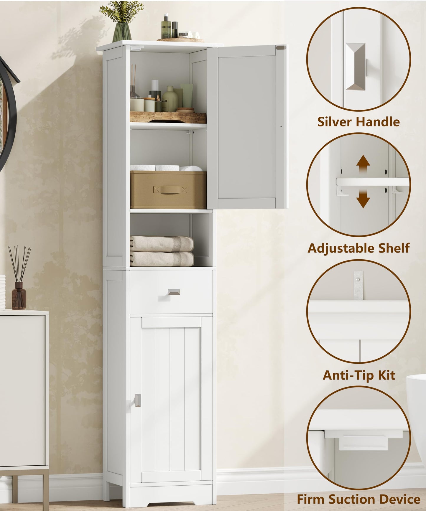 Akxoml Tall Bathroom Storage Cabinet with 2 Doors, 67" H Narrow Floor Cabinet with Adjustable Shelves and Drawer, Anti-Tip Design, 11.0 x 12.6 x 66.9 Inches, for Bathroom, Kitchen，Entryway, White