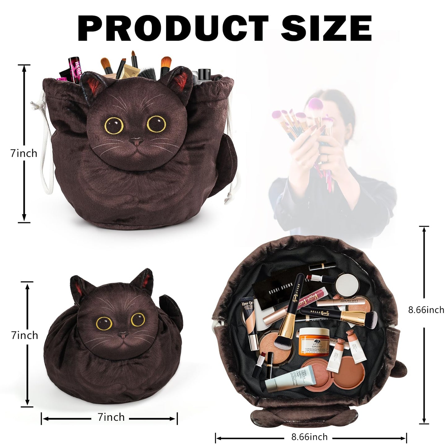 Openhahaha 2-Pack(Black Cat and Grey Tabby Cat),Drawstring Makeup Bag,Cat Makeup Bag Cat Gift for Women, Lay Flat Makeup Bag Gifts for Cat Lovers