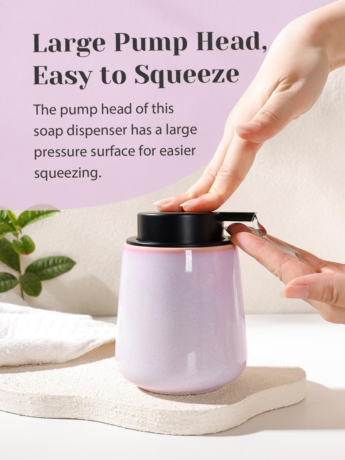 INGOFIN Ceramic Lotion Dispenser - 12 oz Hand Soap Dispenser Bathroom, Modern Liquid Dispenser with Pump, Refillable Dish Soap Bottle for Kitchen -Purple and Pink