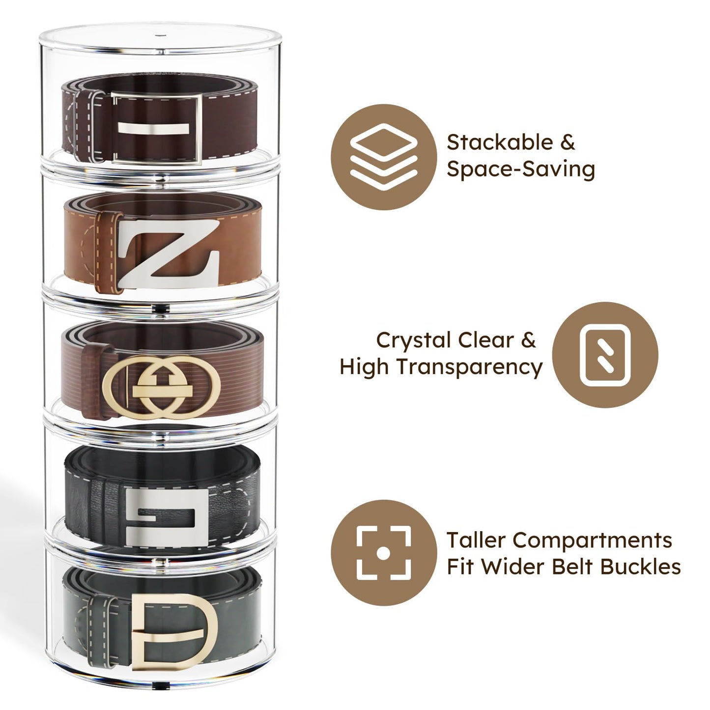 FEMELI Belt Organizer, Acrylic Belt Storage Holder for Closet & Drawer, 4-Layers Stackable Display Case for Belts, Watches, Jewelry and Ties