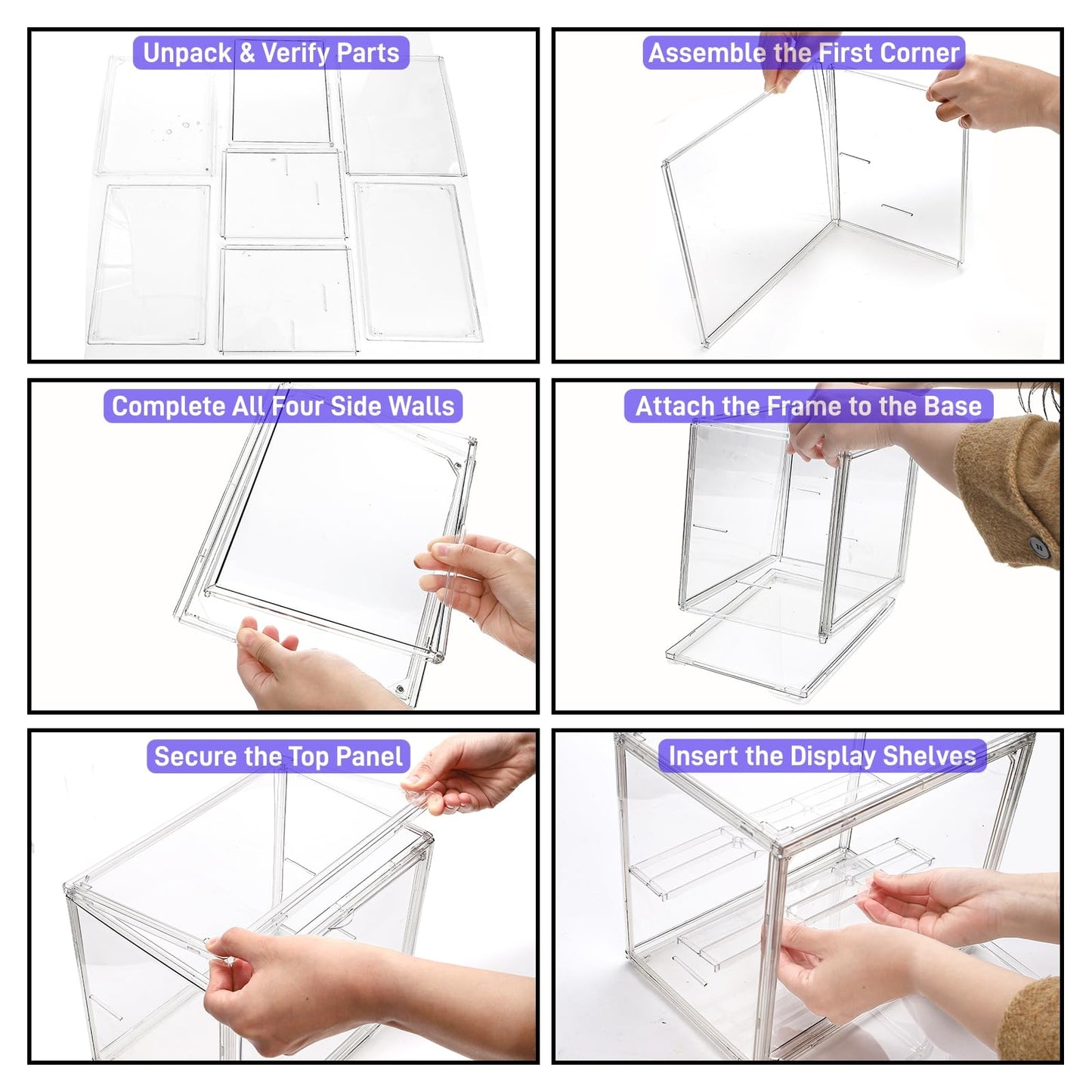 YIMITEE 2 Pack Clear Acrylic Display Case, 3 Tier Small Adjustable Display Box, Collectible Showcase with Magnetic Door, Figure Storage Shelf, Stackable Purse Organizer for Closet, Book, Cosmetic