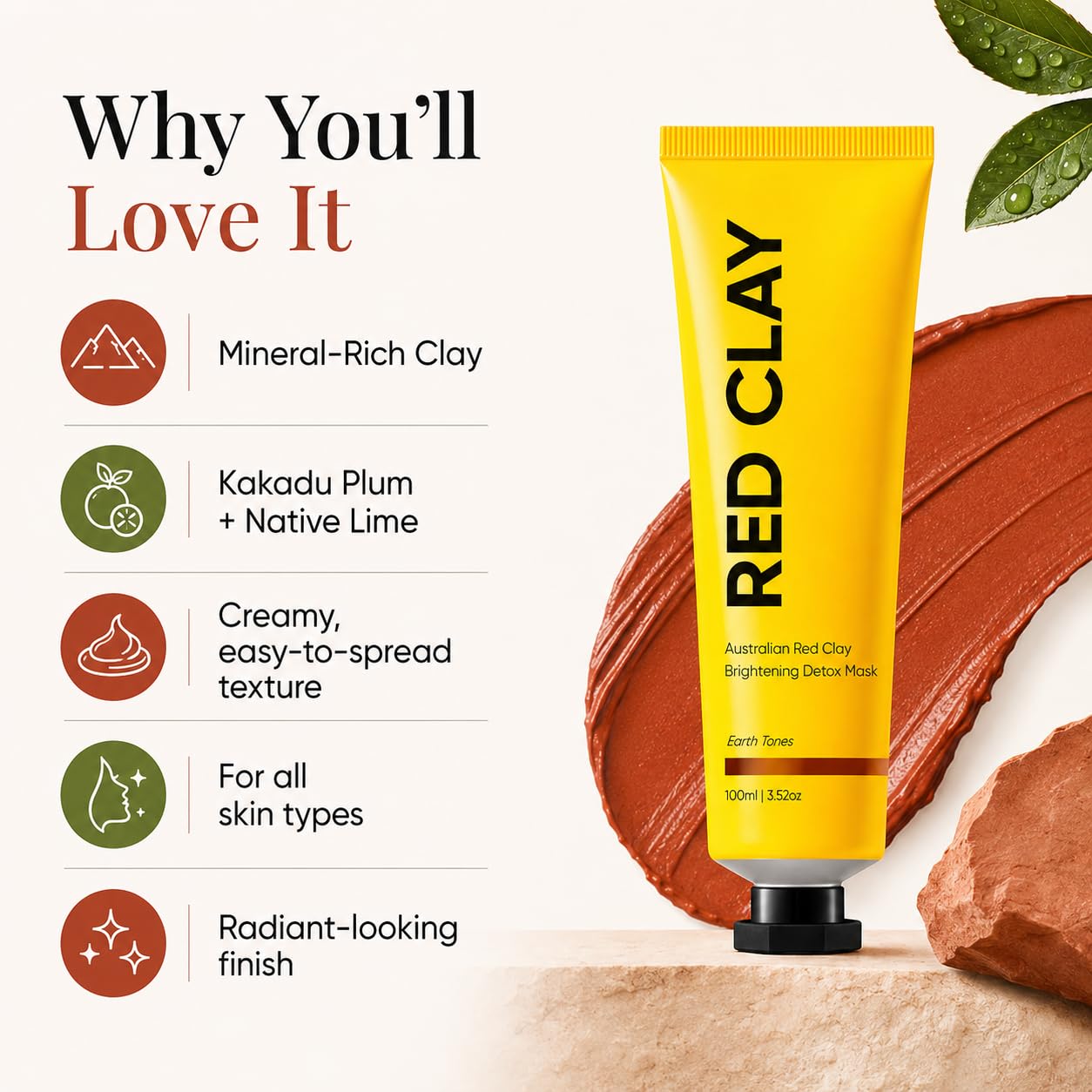 Australian Red Clay Face Mask, Mineral-Rich Detox Mud Mask with Kakadu Plum & Native Lime Extracts, Helps Support Smoother, Radiant-Looking Skin, Gentle Clay Mask for All Skin Types, 3.52 oz / 100 mL