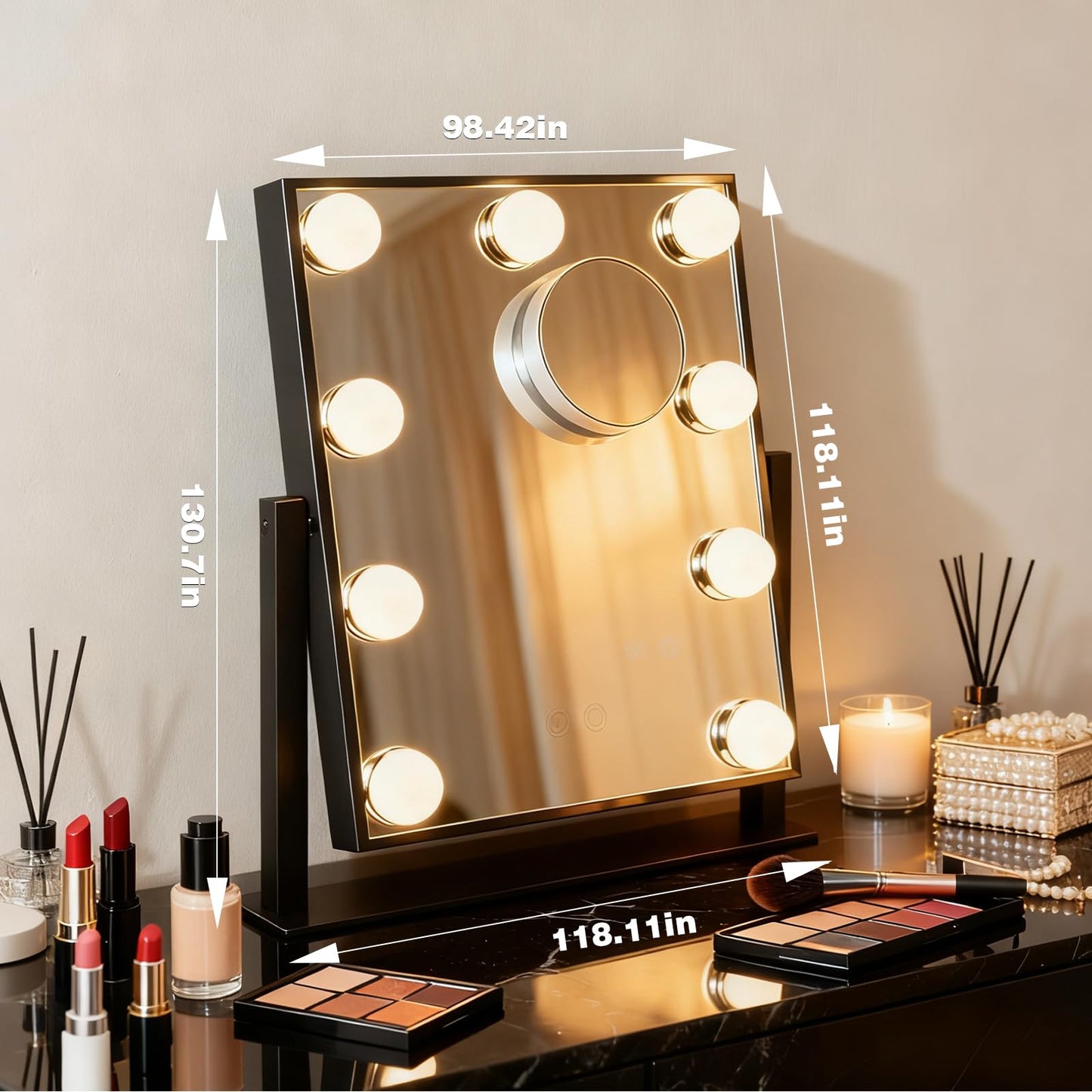 Vanity Mirror with Lights, Lighted Vanity Mirror with 9 Dimmable Bulbs for Dressing Room & Bedroom, 3 Color Lighting Modes, Detachable 10x Magnification 360°Ratation (Black)